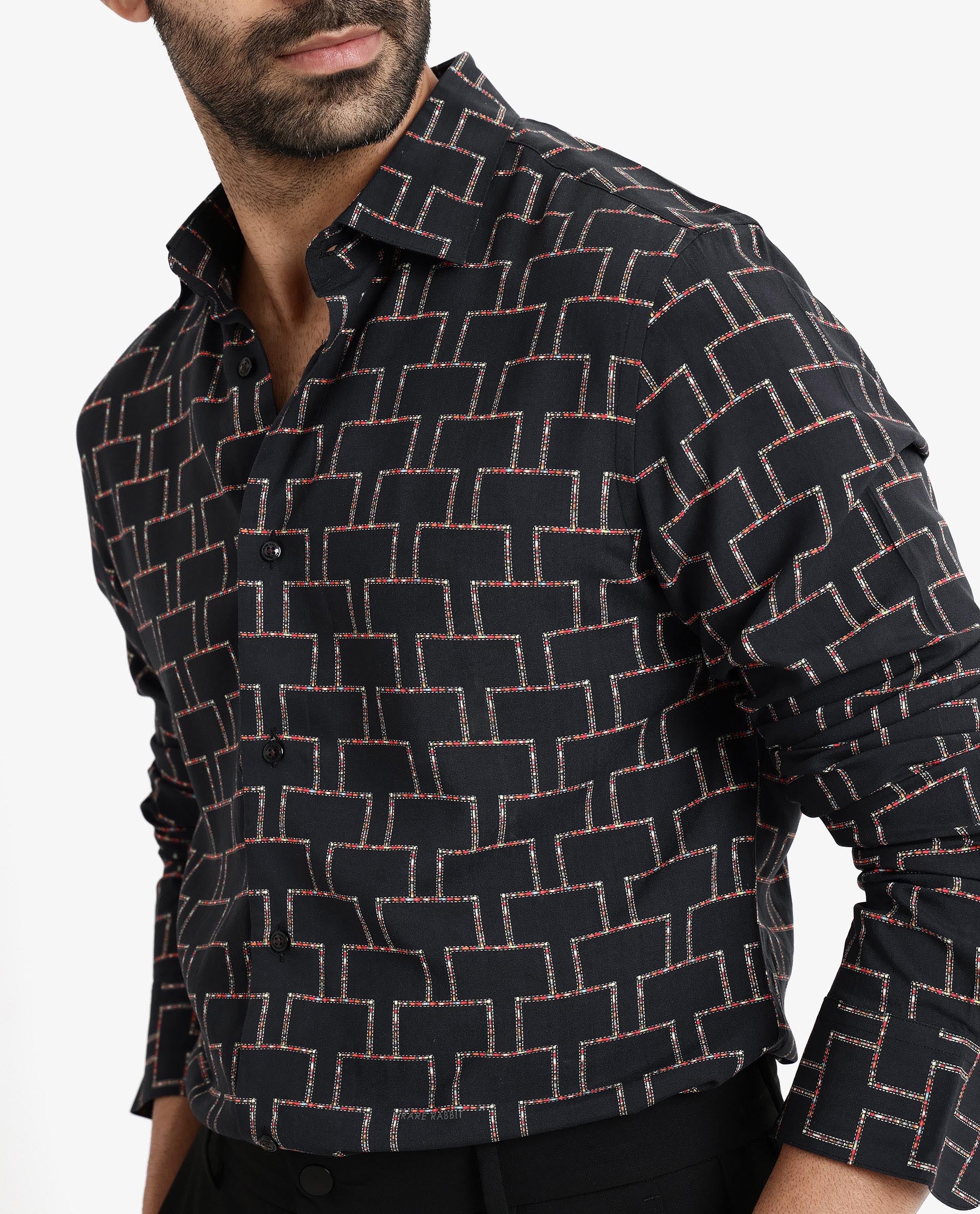 Rare Rabbit Men Wels Black Viscose Fabric Full Sleeve Regular Fit Geometric Print Shirt