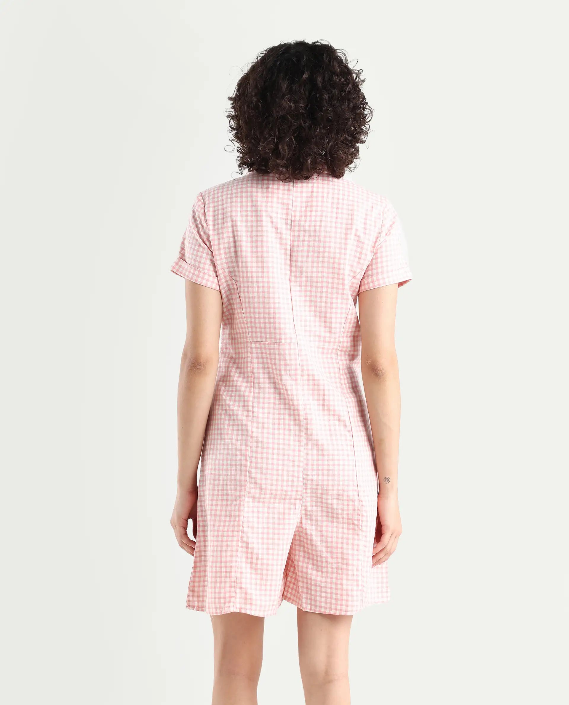 Rareism Women's Welt Peach Cotton Blend Lapel Neck Checked Regular Fit Playsuit