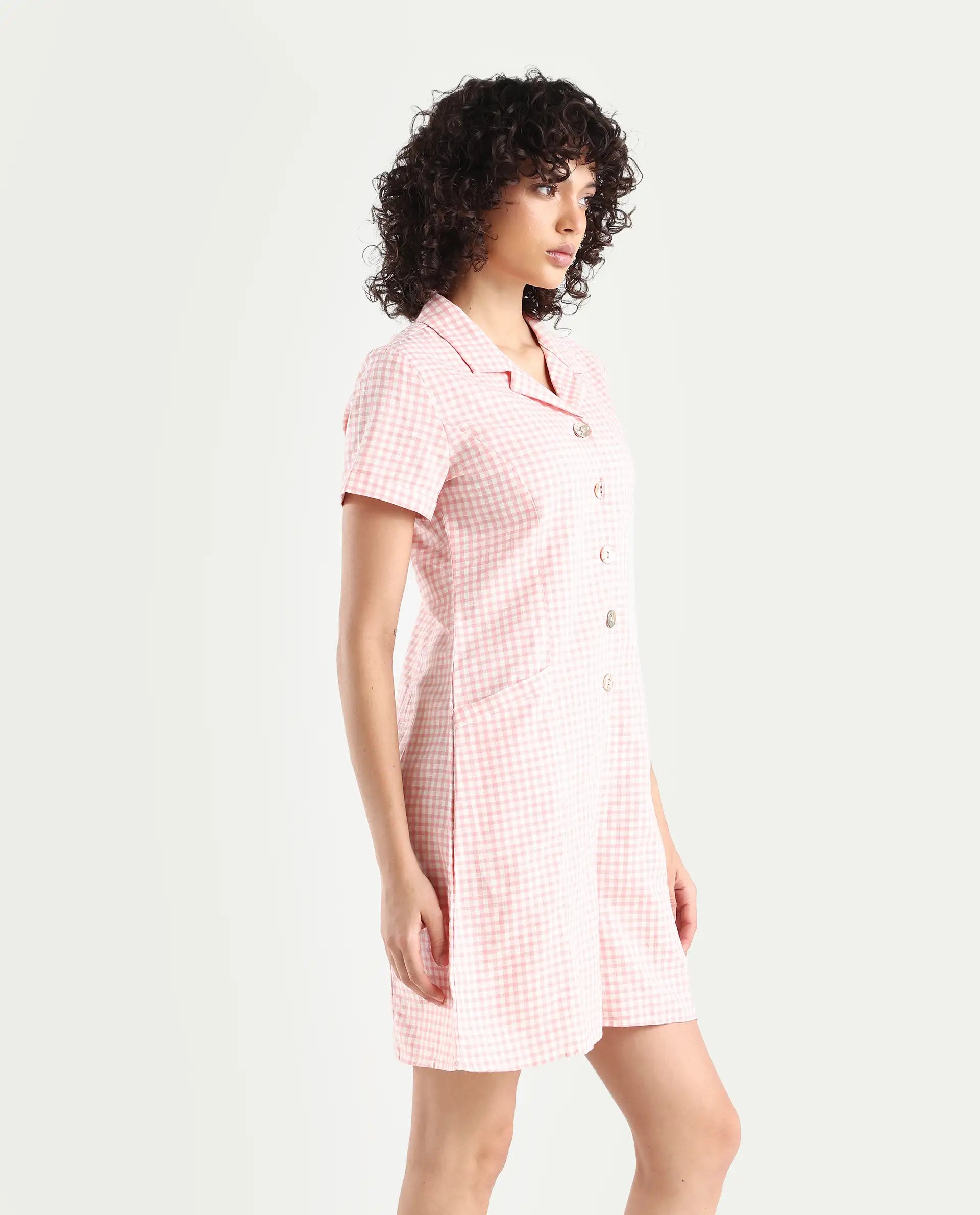 Rareism Women's Welt Peach Cotton Blend Lapel Neck Checked Regular Fit Playsuit