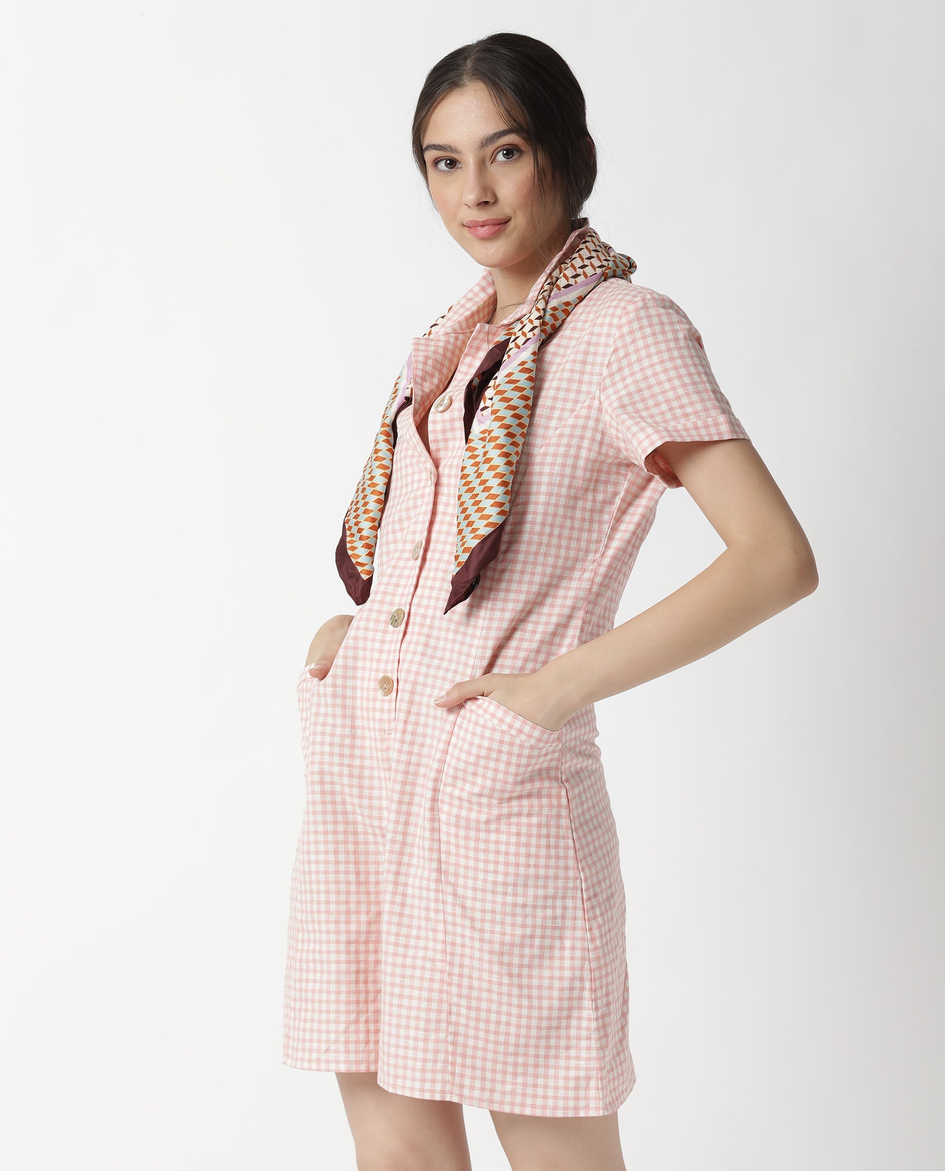 Rareism Women Welt Light Peach Cotton Linen Fabric Regular Fit Lapel Neck Checked Playsuit