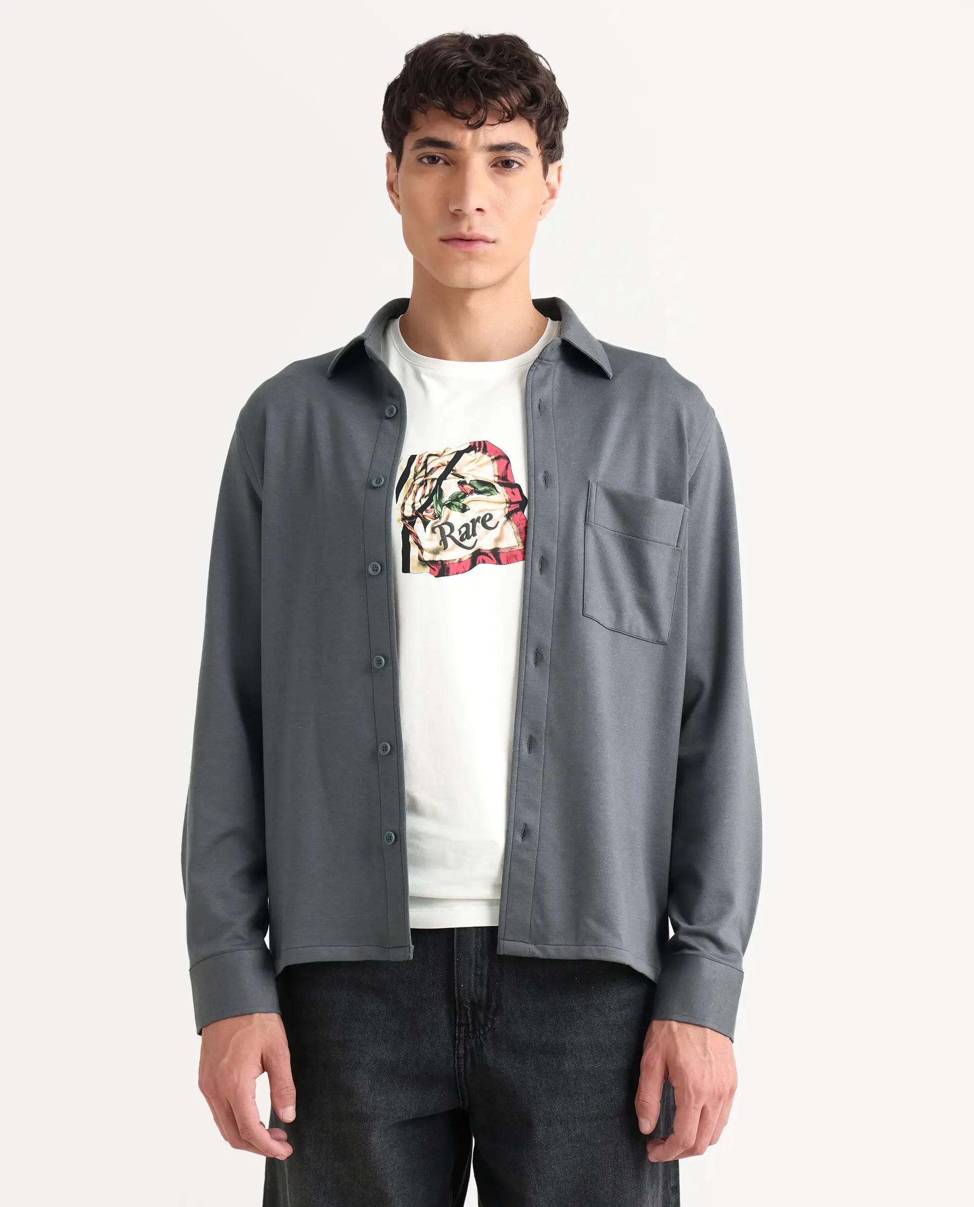 Rare Rabbit Men's Wesk Dark Grey Polyester Blend Spread Collar Regular Fit Plain Shirt