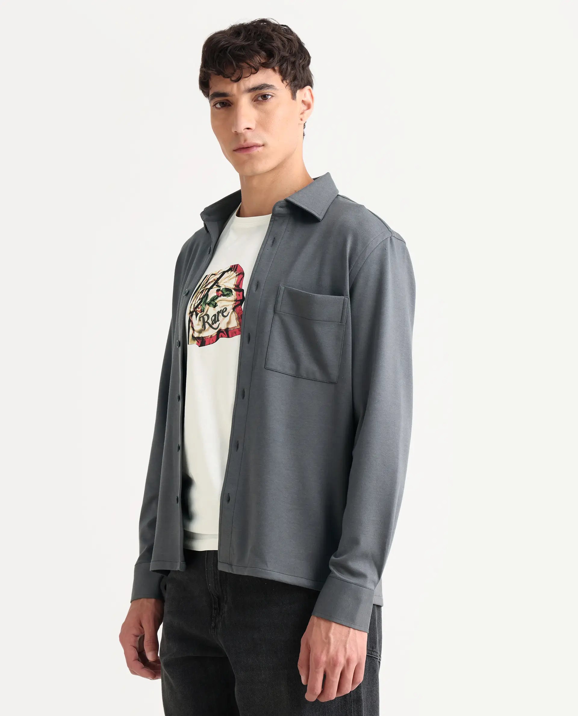 Rare Rabbit Men's Wesk Dark Grey Polyester Blend Spread Collar Regular Fit Plain Shirt