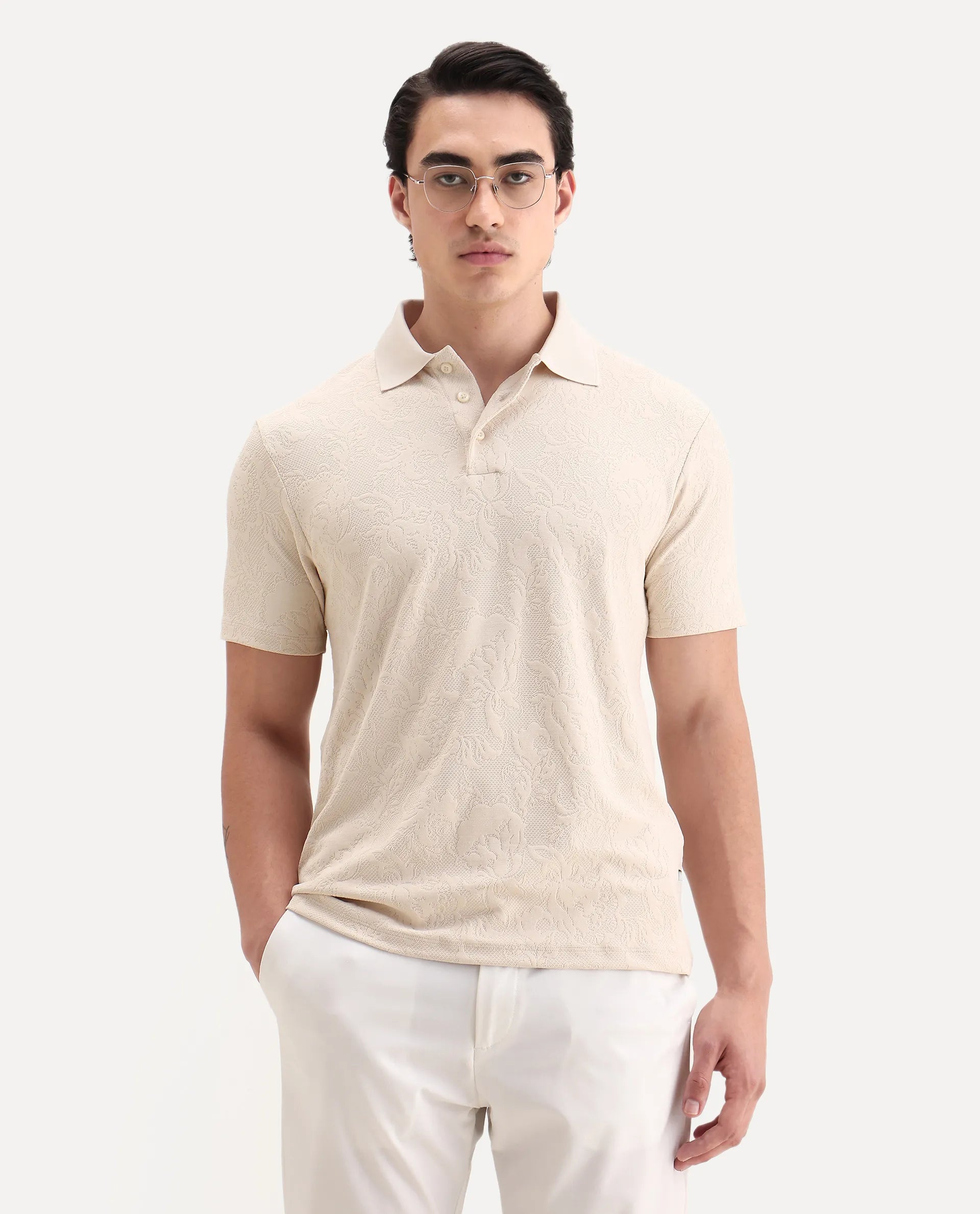 Rare Rabbit Men's Weso Off White Poly Blend Jacquard Regular Fit Half Sleeve Polo