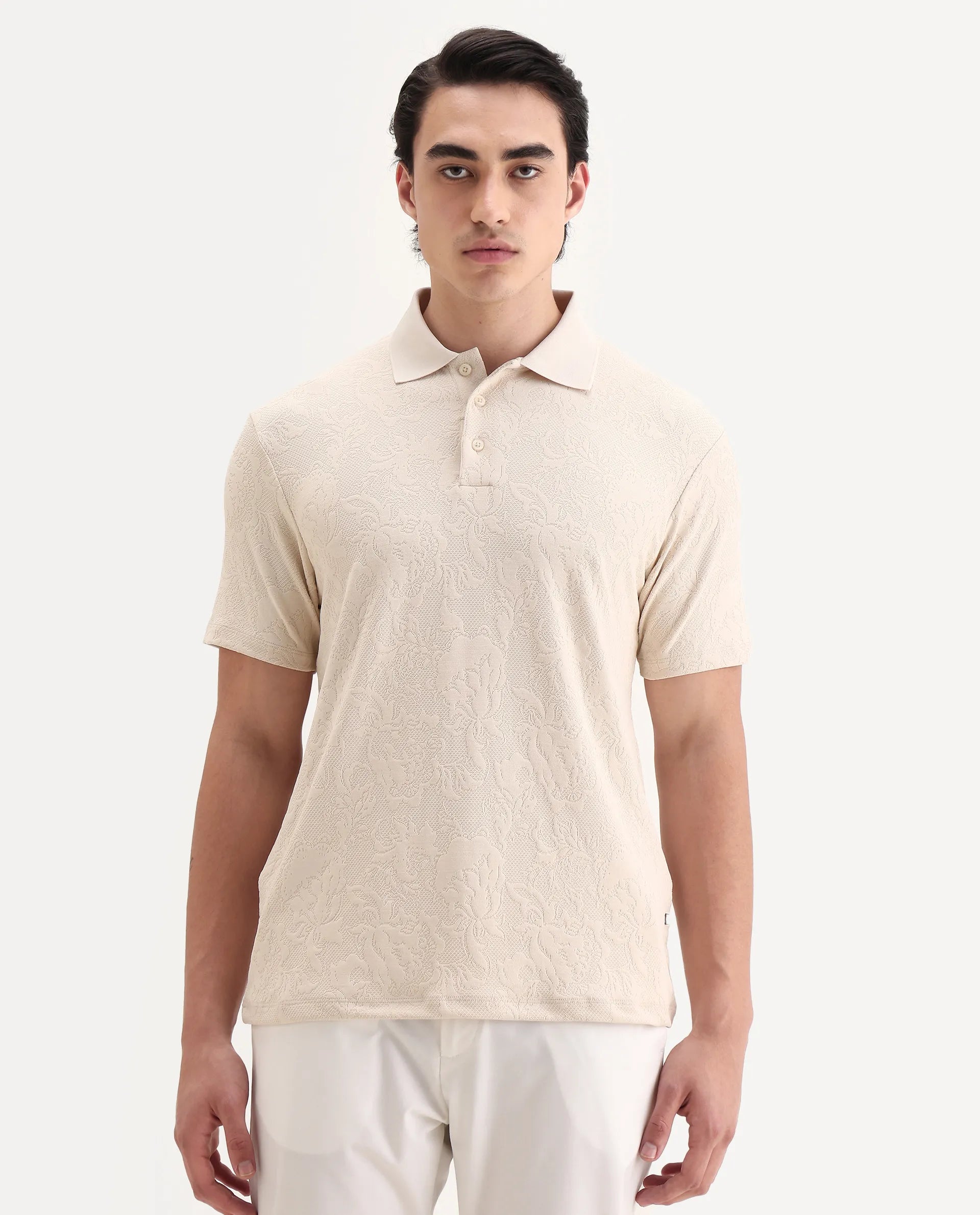 Rare Rabbit Men's Weso Off White Poly Blend Jacquard Regular Fit Half Sleeve Polo