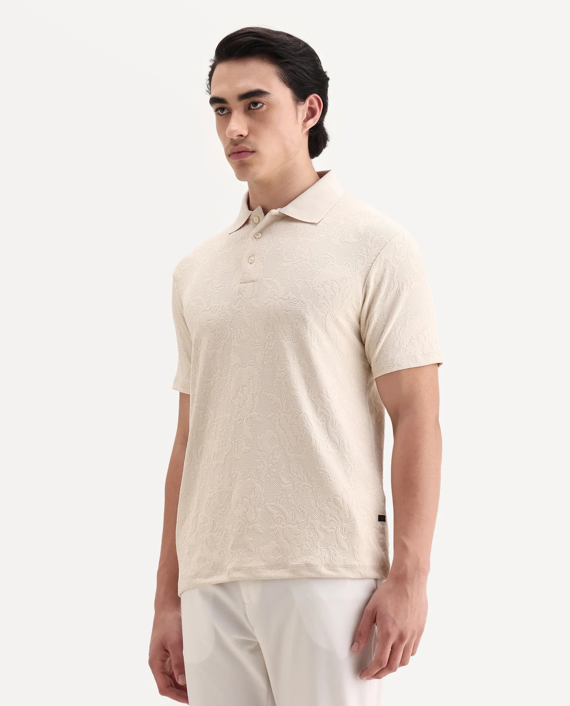 Rare Rabbit Men's Weso Off White Poly Blend Jacquard Regular Fit Half Sleeve Polo