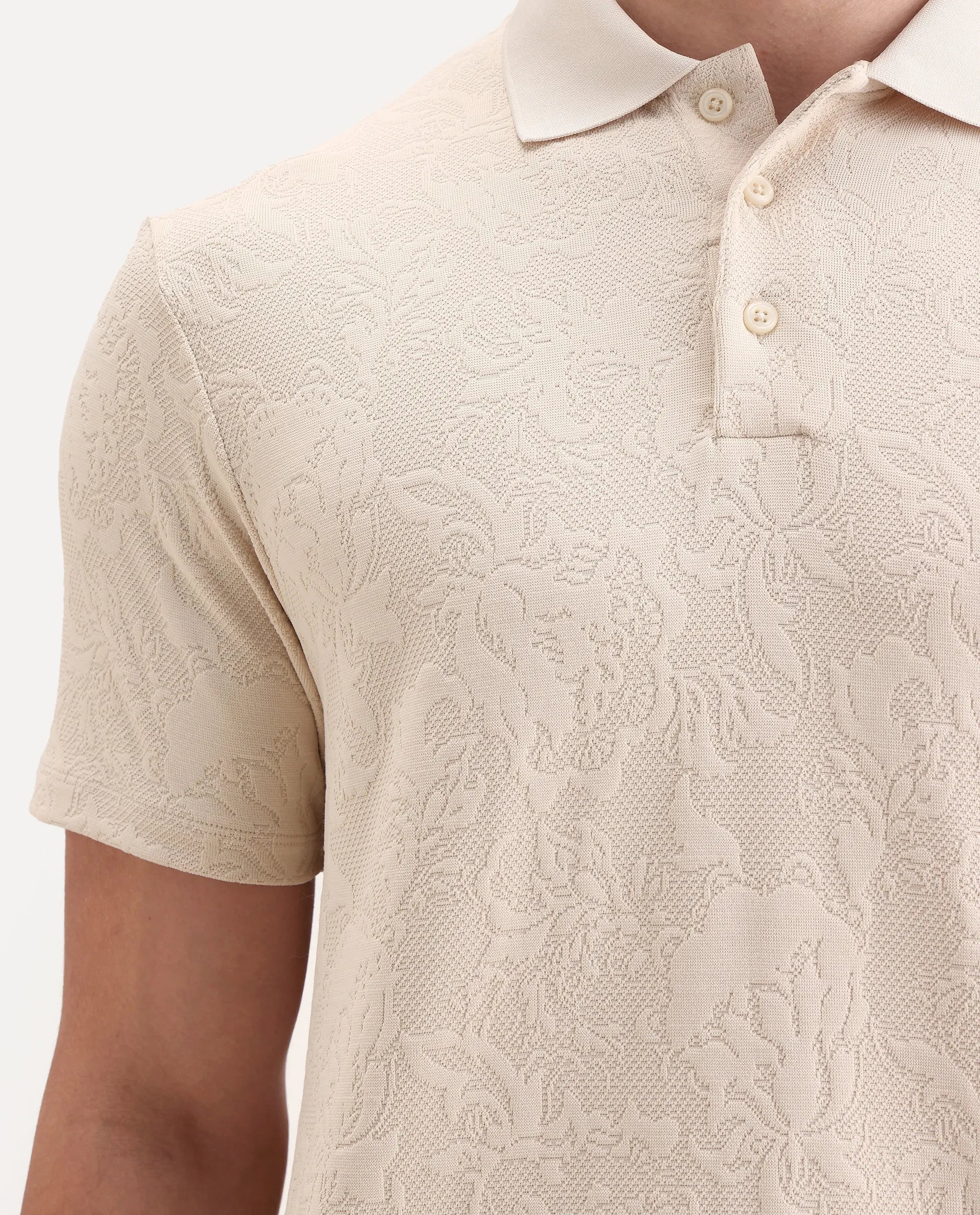 Rare Rabbit Men's Weso Off White Poly Blend Jacquard Regular Fit Half Sleeve Polo