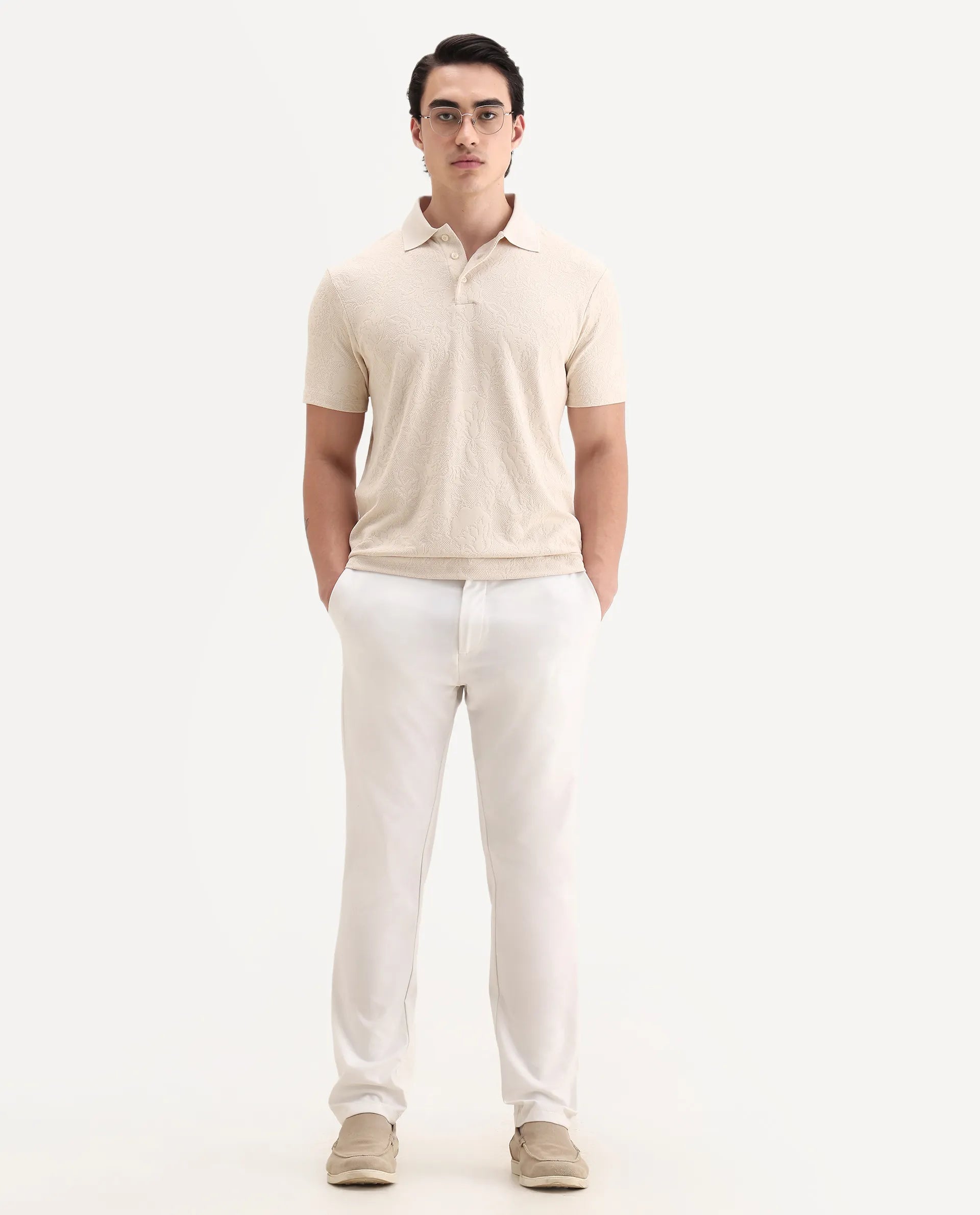 Rare Rabbit Men's Weso Off White Poly Blend Jacquard Regular Fit Half Sleeve Polo