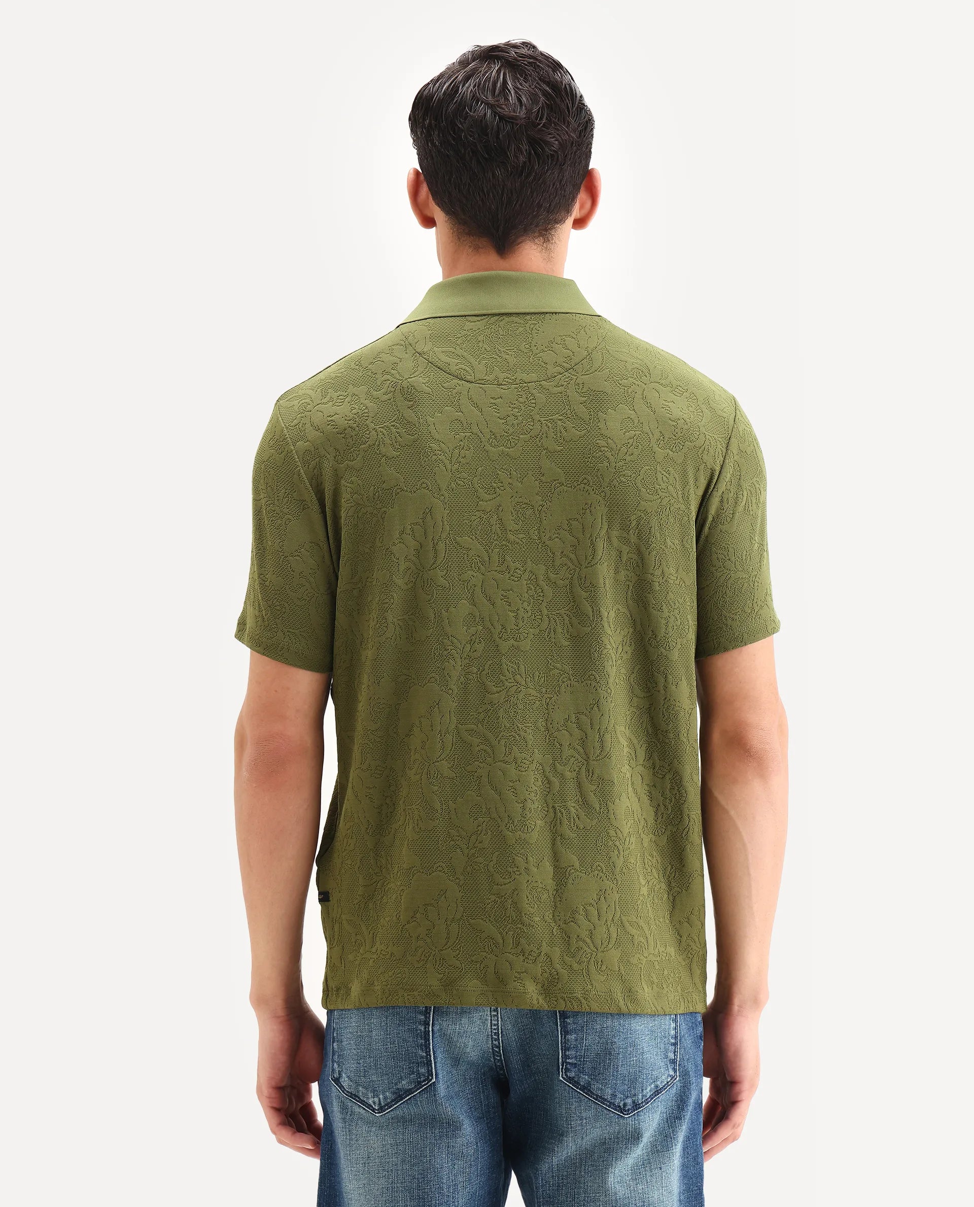 Rare Rabbit Men's Weso Olive Poly Blend Jacquard Regular Fit Half Sleeve Polo