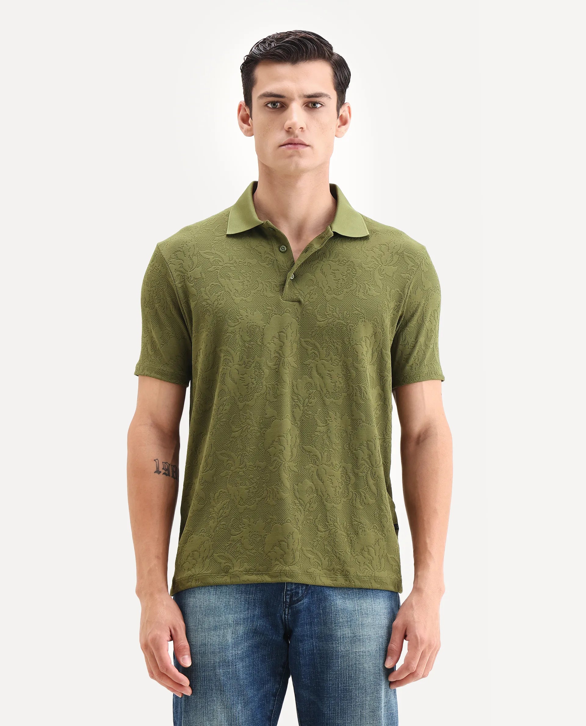 Rare Rabbit Men's Weso Olive Poly Blend Jacquard Regular Fit Half Sleeve Polo
