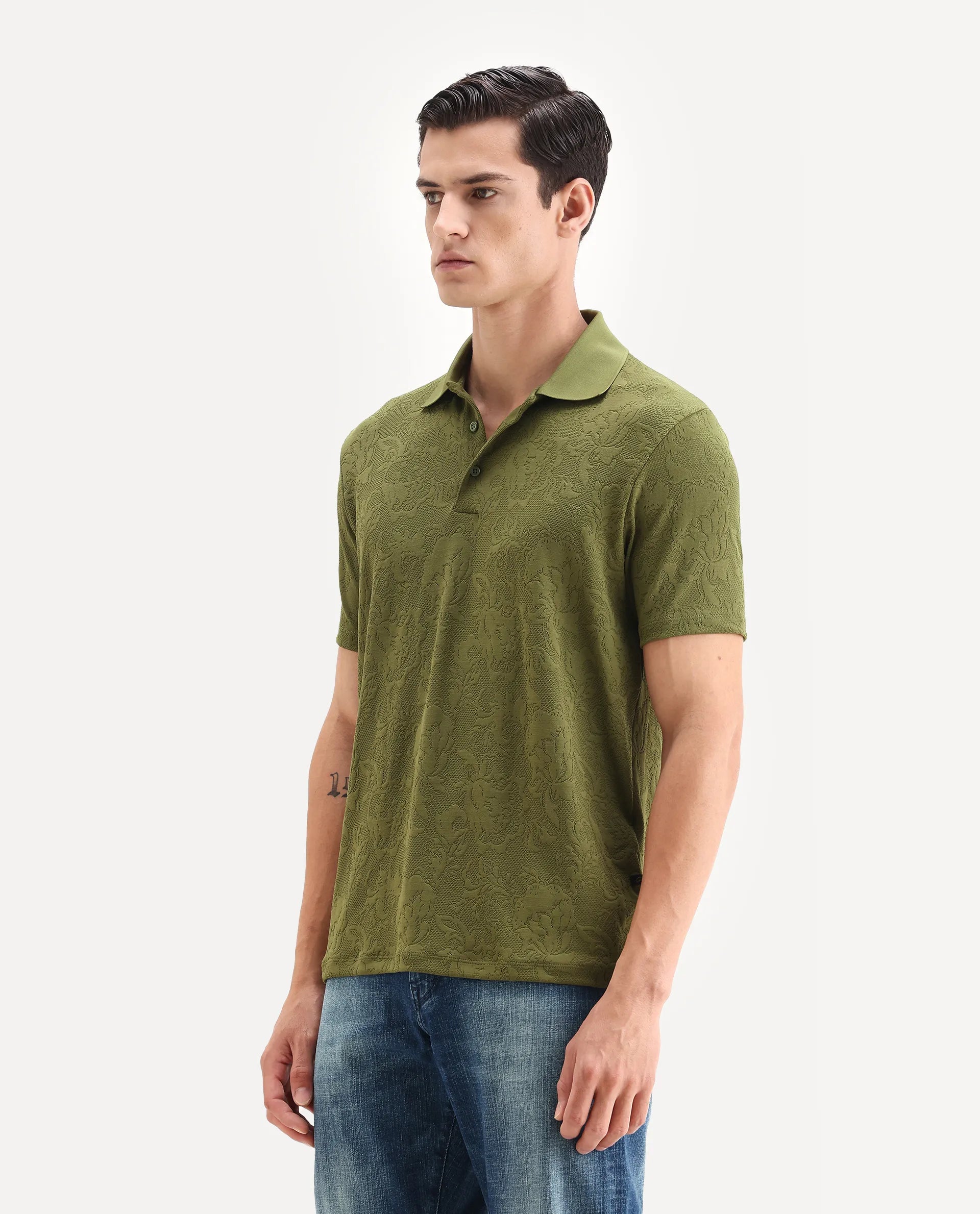 Rare Rabbit Men's Weso Olive Poly Blend Jacquard Regular Fit Half Sleeve Polo
