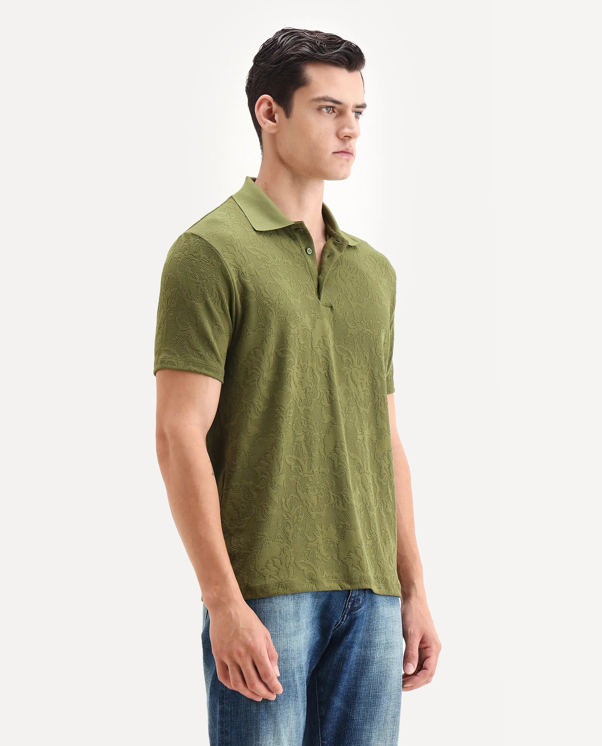 Rare Rabbit Men's Weso Olive Poly Blend Jacquard Regular Fit Half Sleeve Polo
