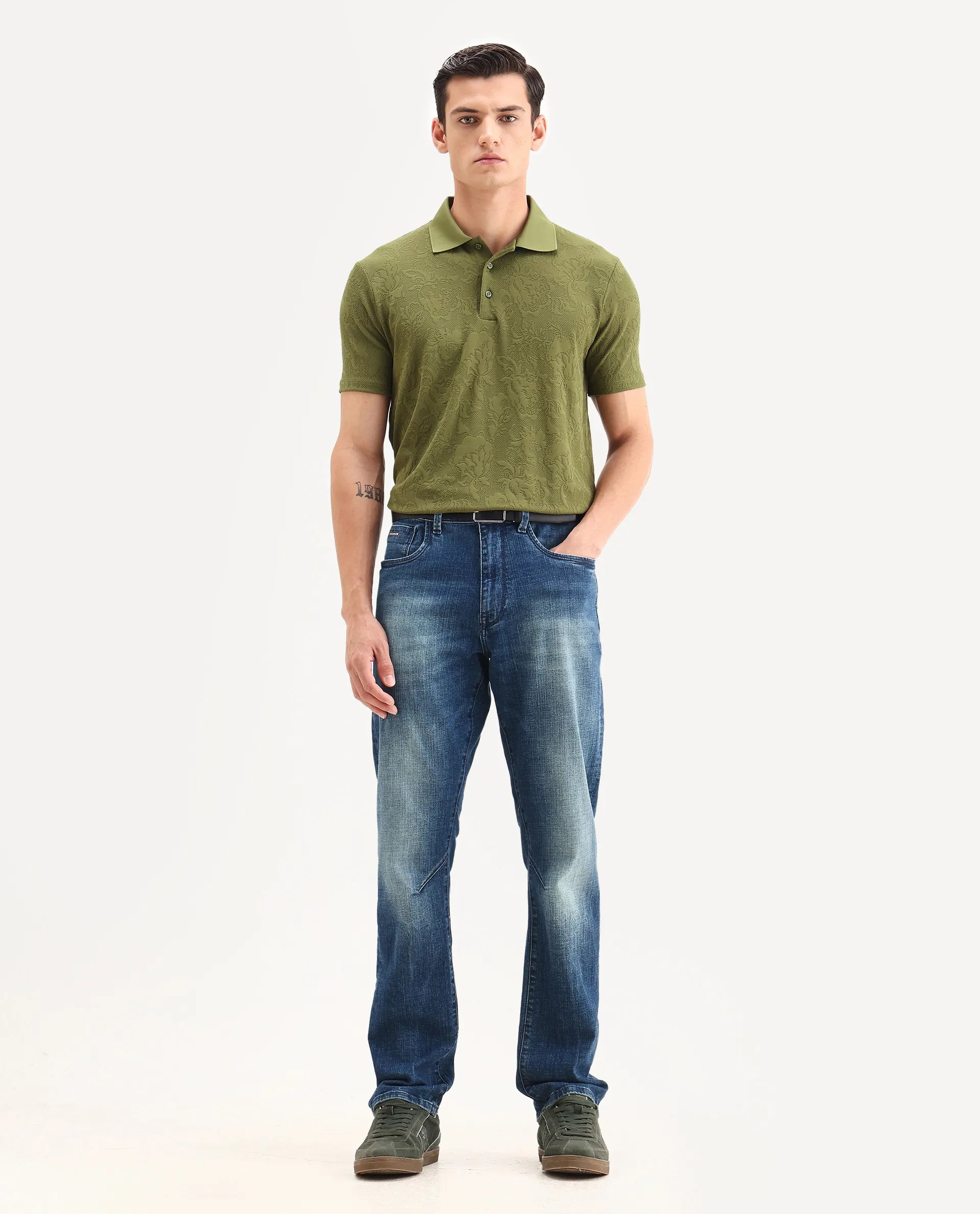 Rare Rabbit Men's Weso Olive Poly Blend Jacquard Regular Fit Half Sleeve Polo
