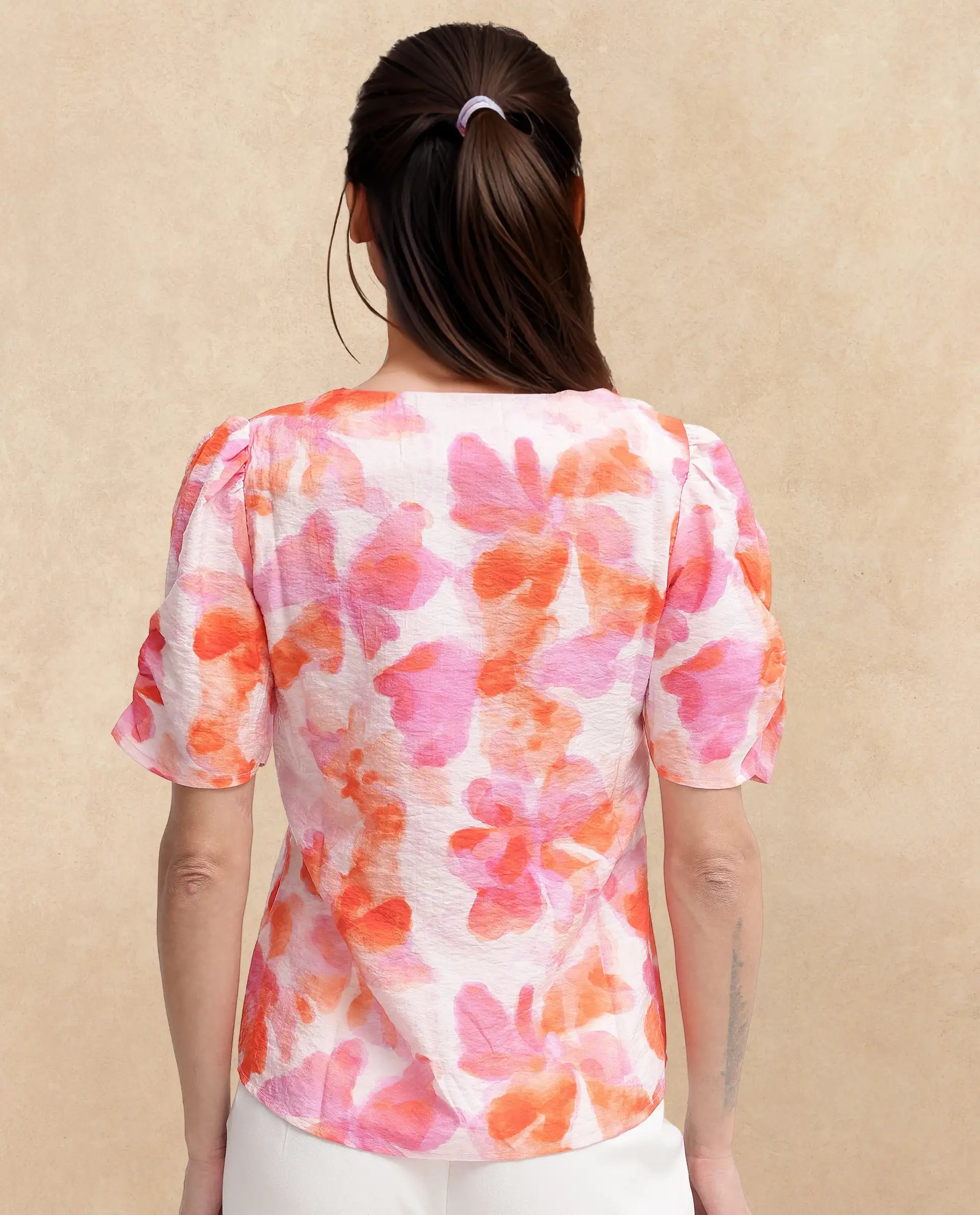 Rareism Women's Wesso Light Multi Nylon Blend V-Neck Abstract Print Puff Sleeves Regular Fit Top