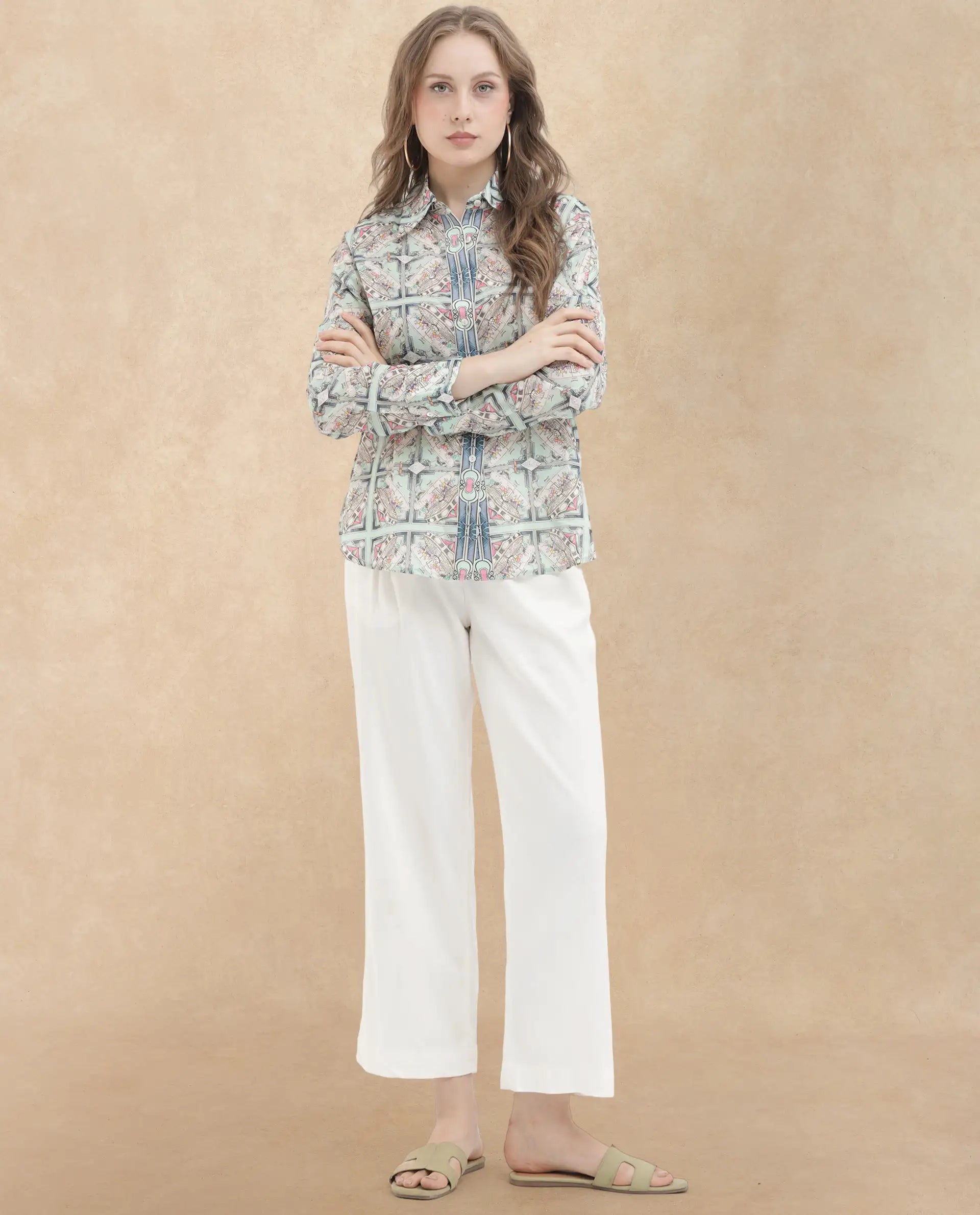 Rareism Women Westwick Pastel Green Cotton Fabric Full Sleeves Button Closure Collared Neck Cuffed Sleeve Relaxed Fit Abstract Print Top