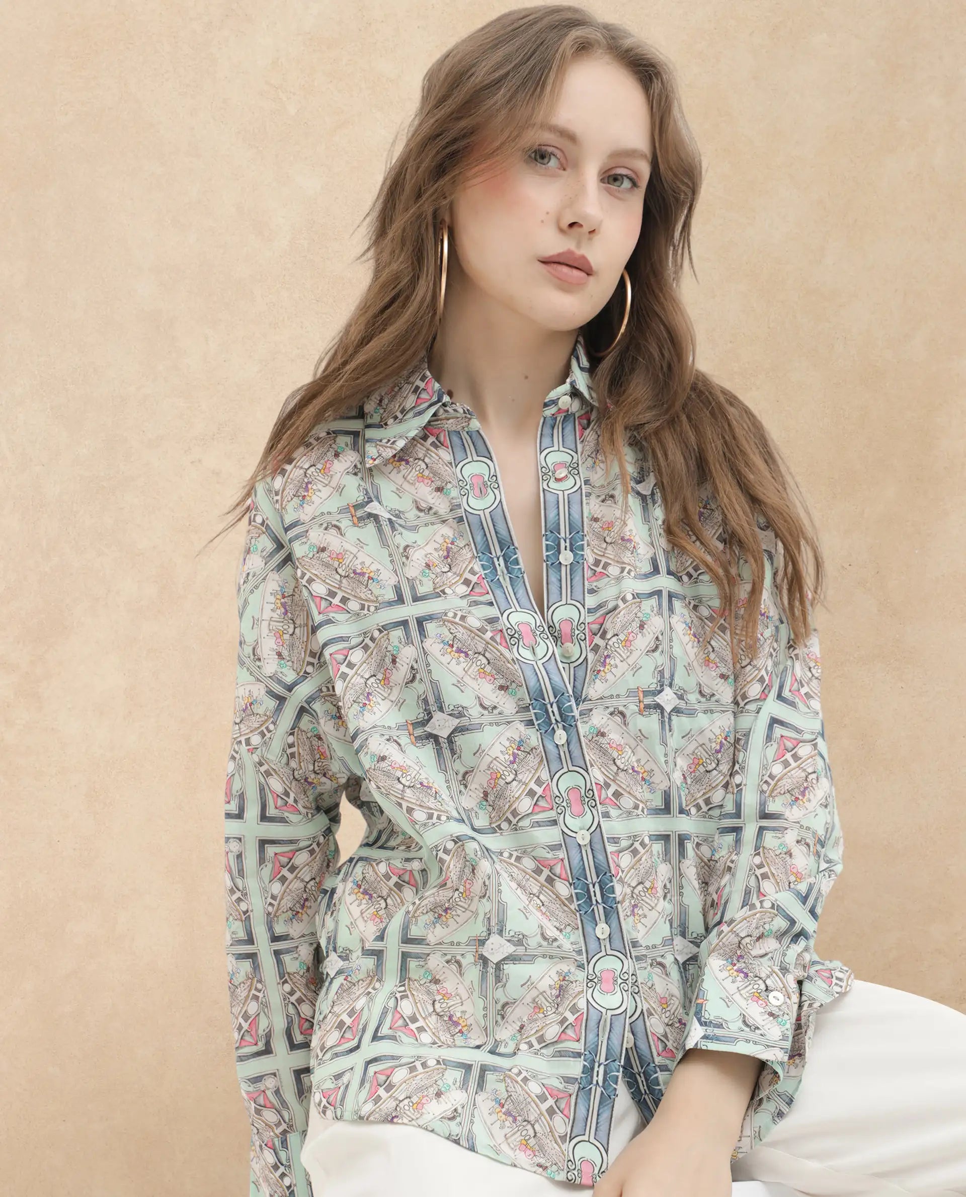 Rareism Women Westwick Pastel Green Cotton Fabric Full Sleeves Button Closure Collared Neck Cuffed Sleeve Relaxed Fit Abstract Print Top