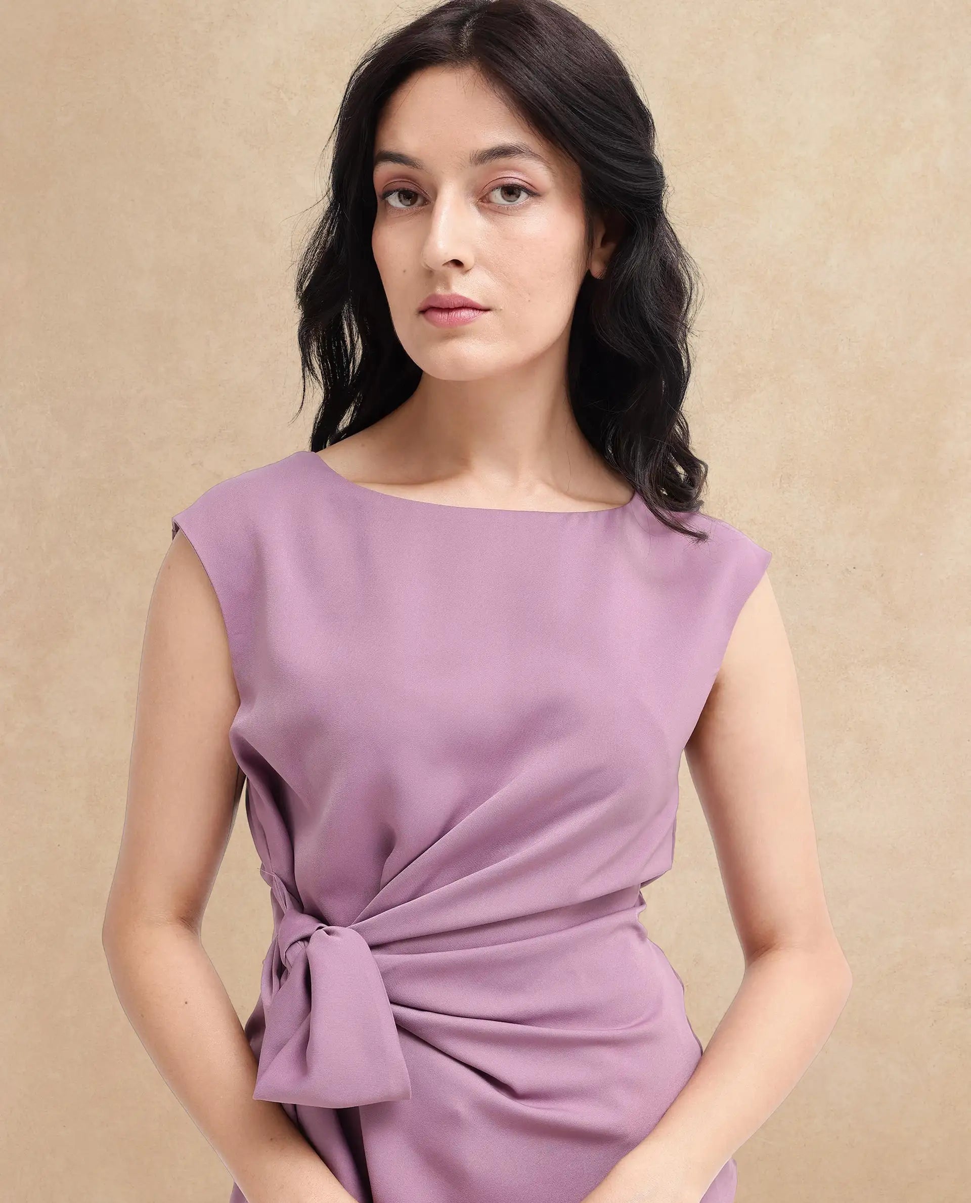 Rareism Women's Wevillet Pastel Purple Satin Boat Neck Plain Sleeveless Regular Fit Top