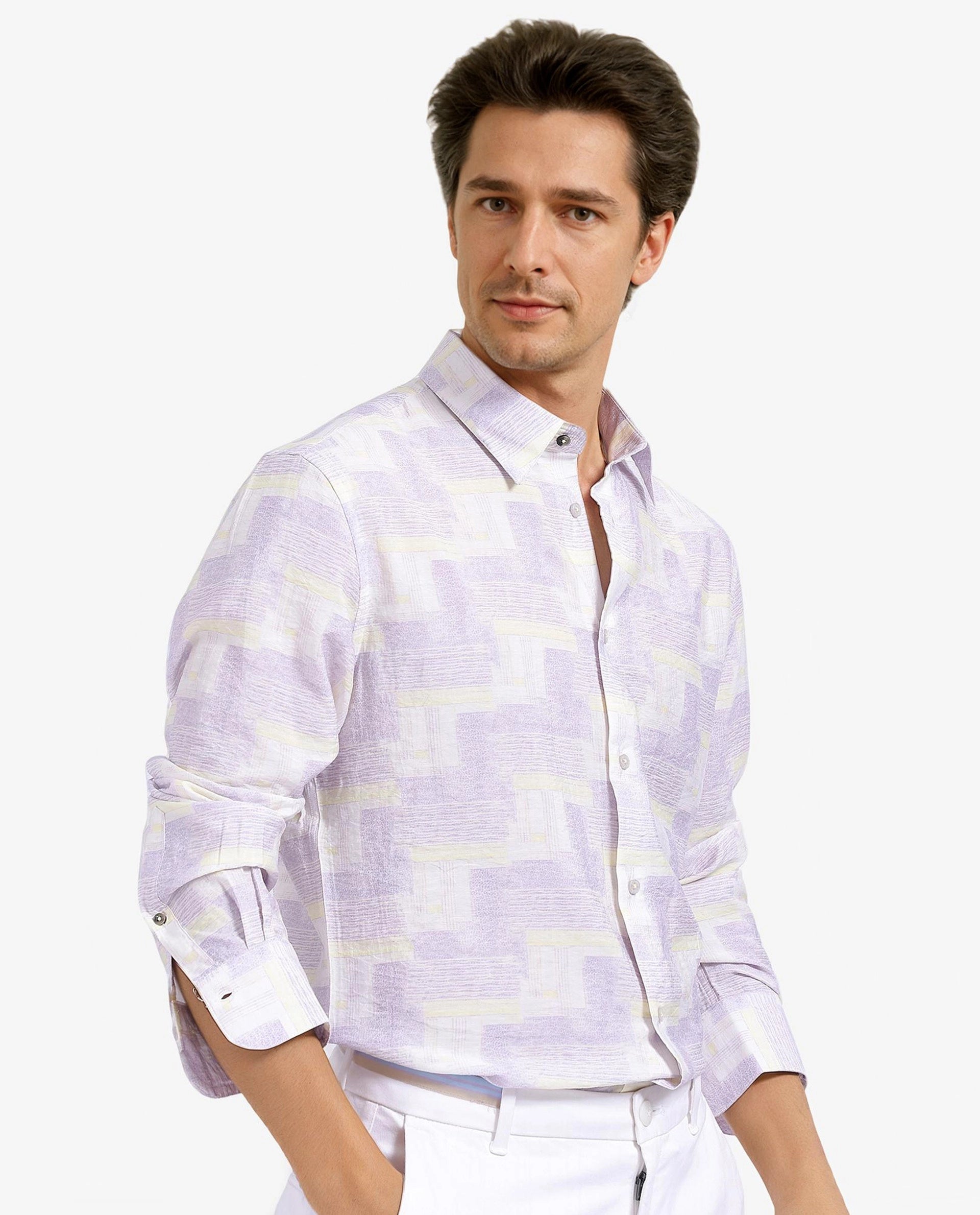 Rare Rabbit Men Whimsy Pastel Pink Full Sleeve Regular Collar Button Closure Regular Fit Abstract Print Shirt