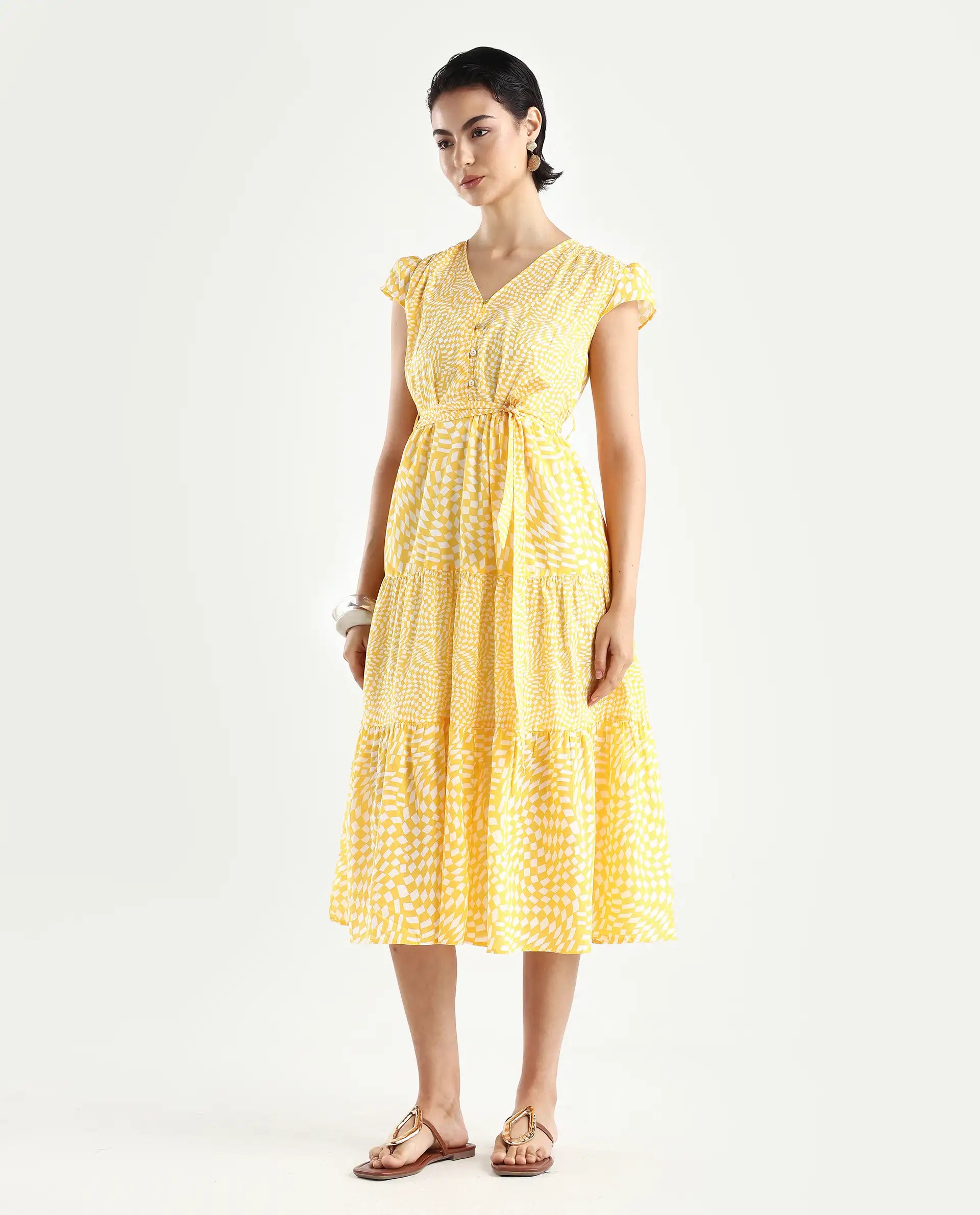 Rareism Women's Whitney Yellow Cotton V-Neck Geometric Print Cape Sleeve Knee Length Regular Fit Dress