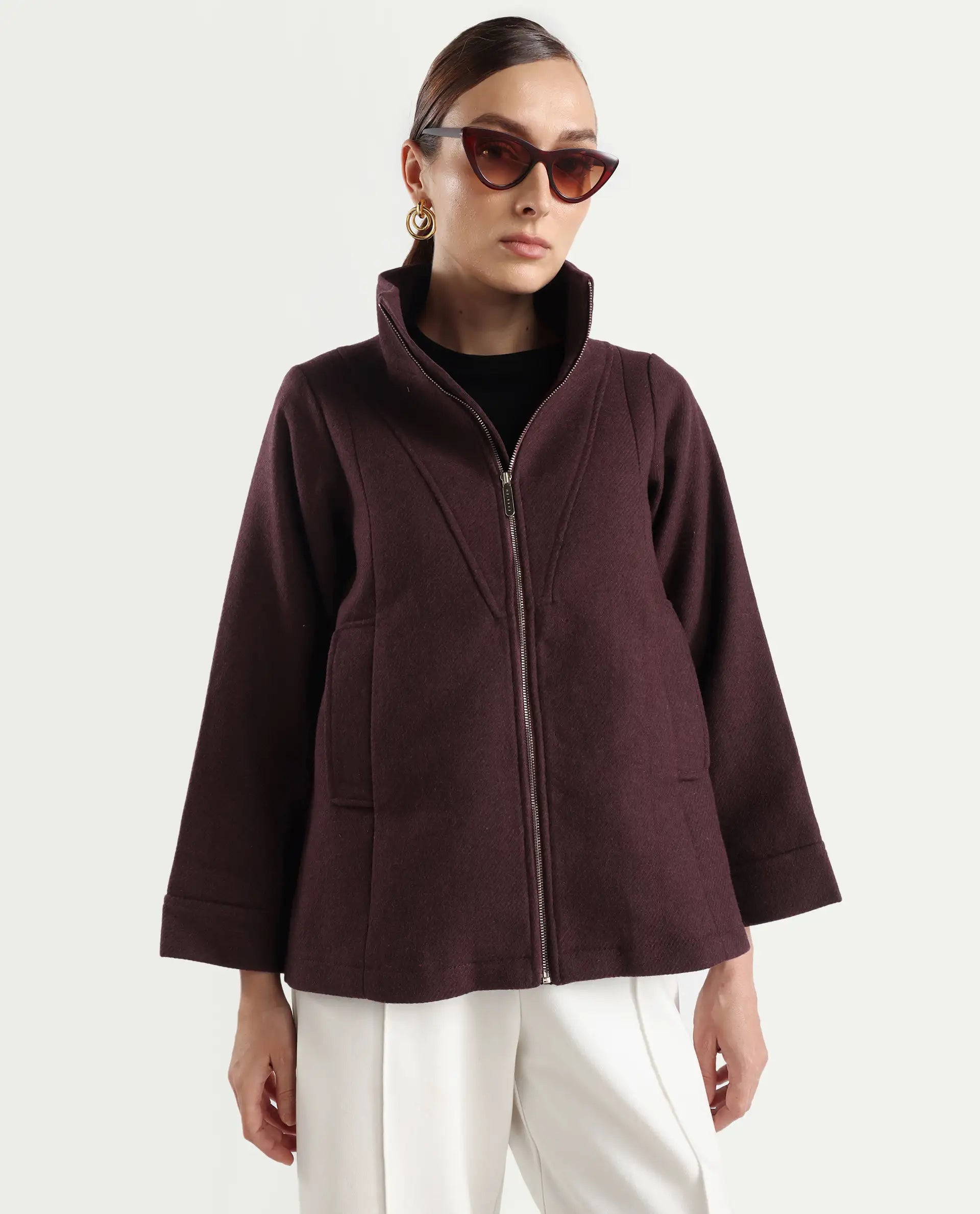 Rareism Women's Whyla Dark Maroon Stand Collar Plain Raglan Sleeve Boxy Fit Jacket