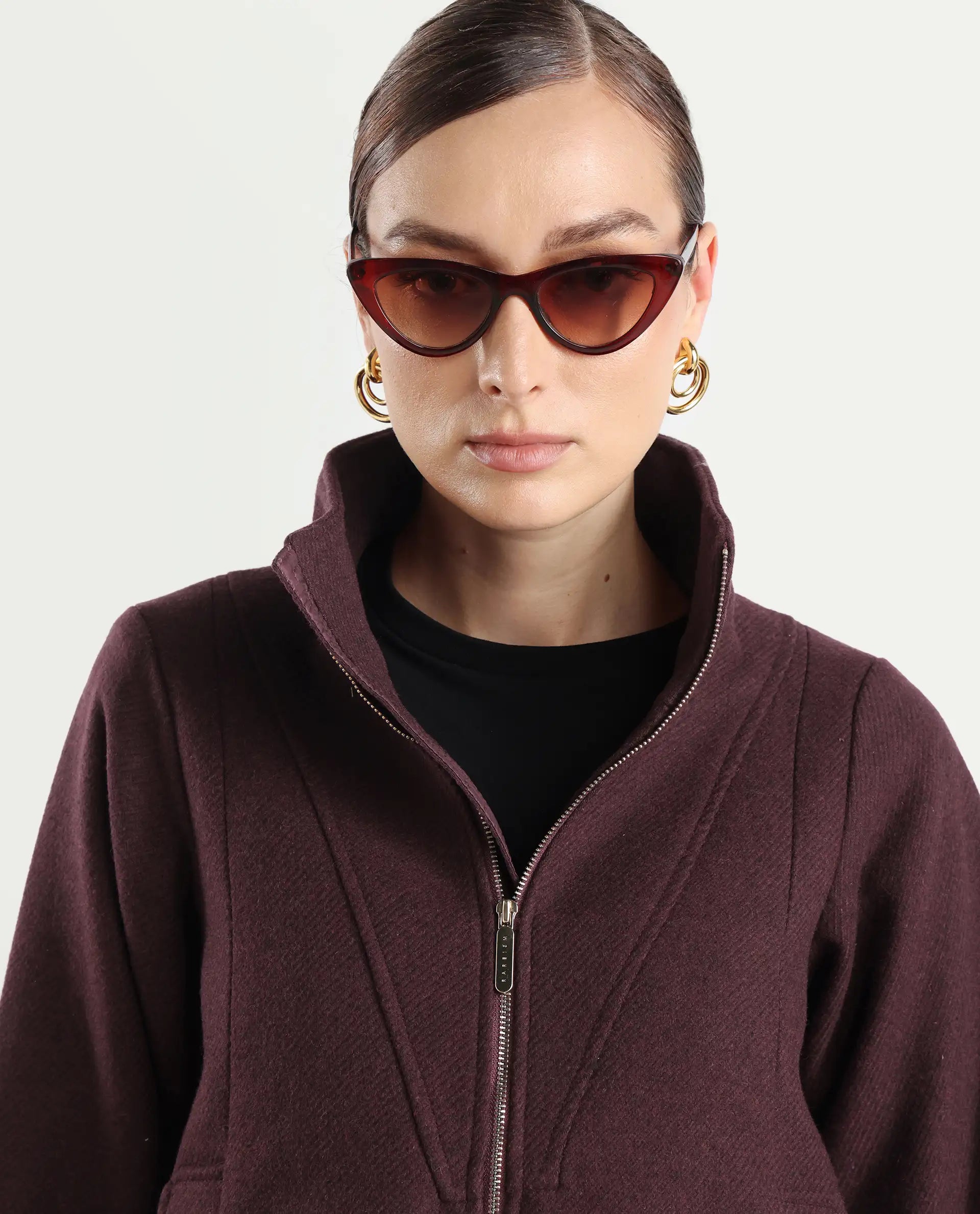 Rareism Women's Whyla Dark Maroon Stand Collar Plain Raglan Sleeve Boxy Fit Jacket
