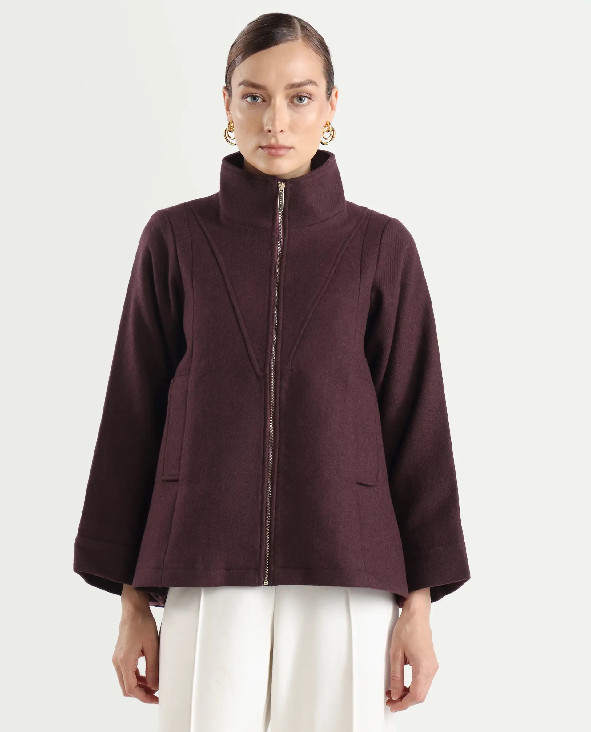 Rareism Women's Whyla Dark Maroon Stand Collar Plain Raglan Sleeve Boxy Fit Jacket