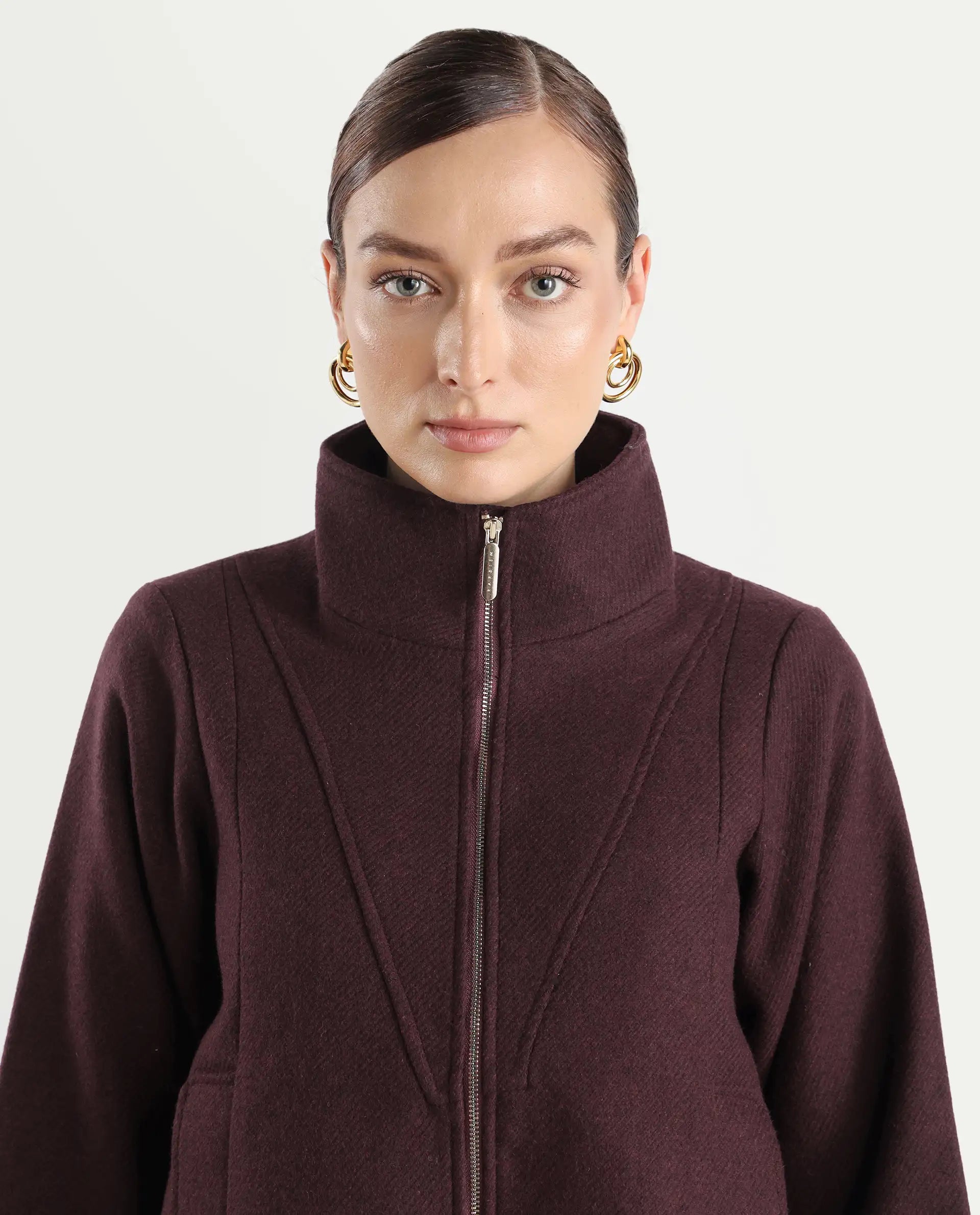 Rareism Women's Whyla Dark Maroon Stand Collar Plain Raglan Sleeve Boxy Fit Jacket