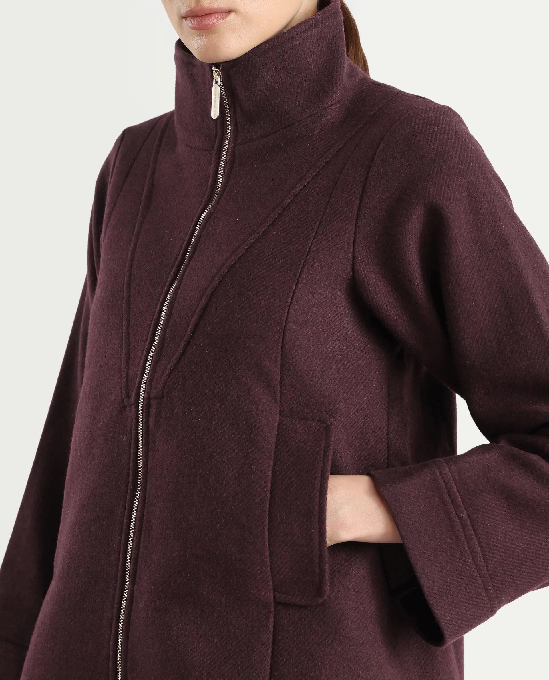 Rareism Women's Whyla Dark Maroon Stand Collar Plain Raglan Sleeve Boxy Fit Jacket