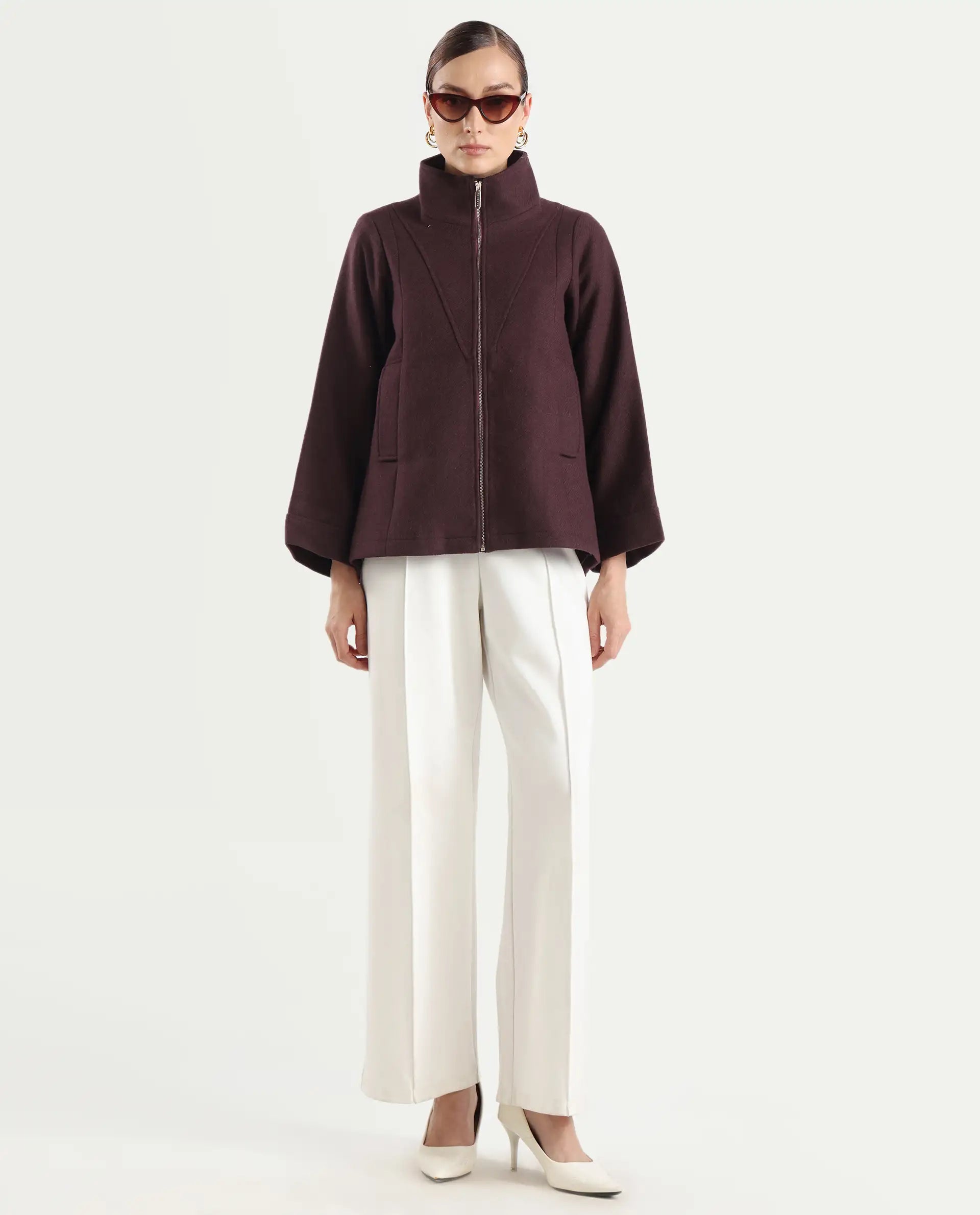 Rareism Women's Whyla Dark Maroon Stand Collar Plain Raglan Sleeve Boxy Fit Jacket