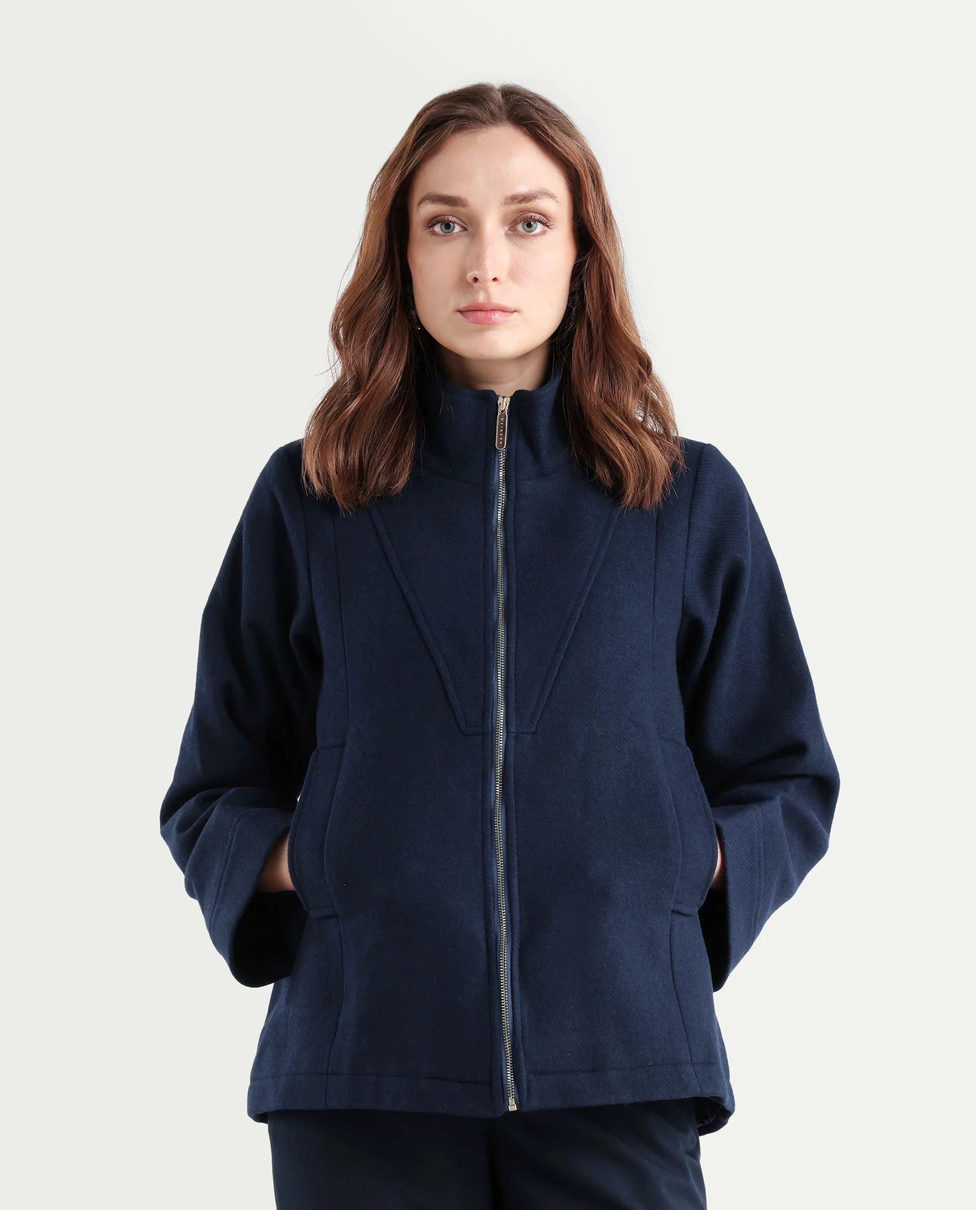 Rareism Women's Whyla Navy Stand Collar Plain Raglan Sleeve Boxy Fit Jacket