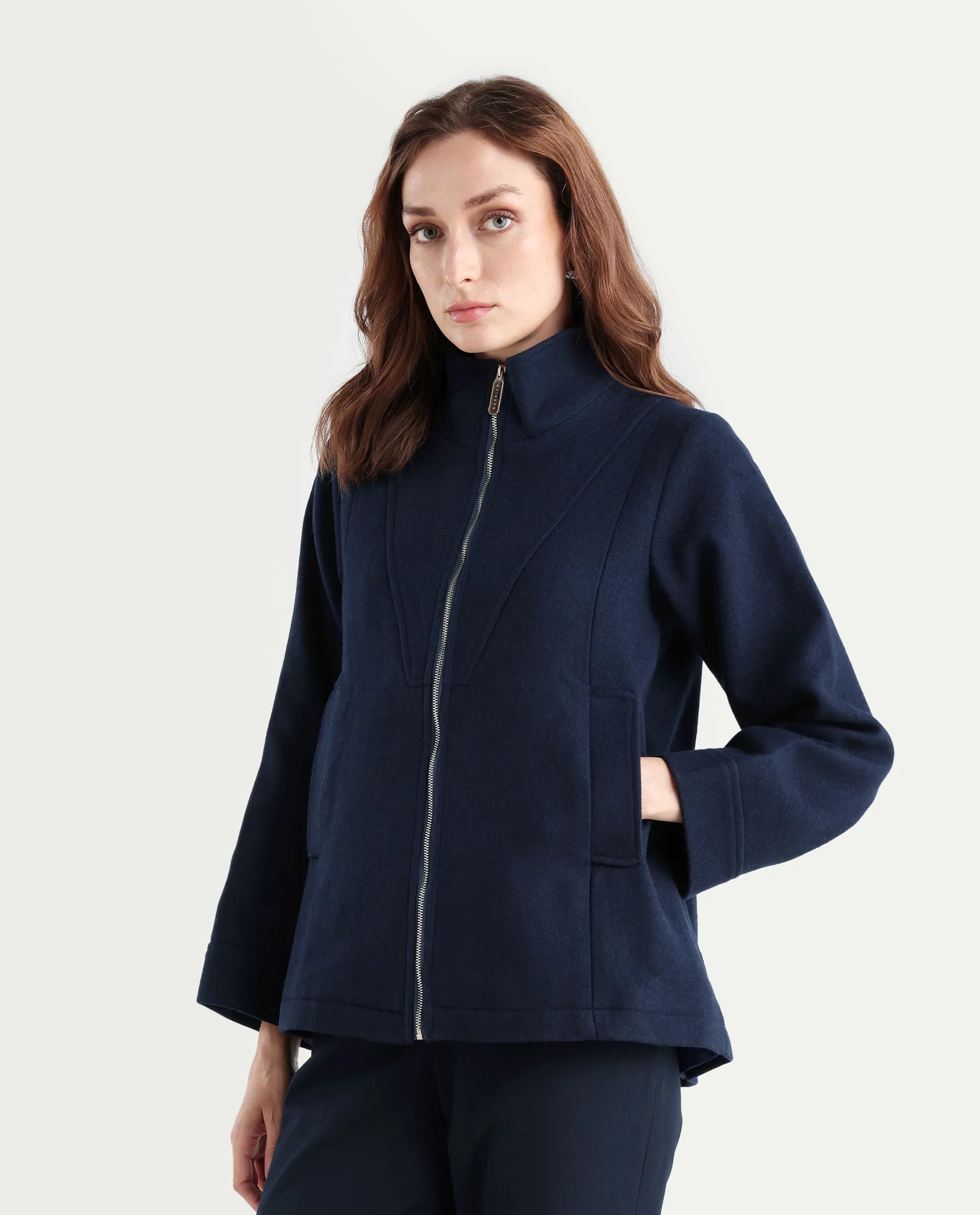 Rareism Women's Whyla Navy Stand Collar Plain Raglan Sleeve Boxy Fit Jacket
