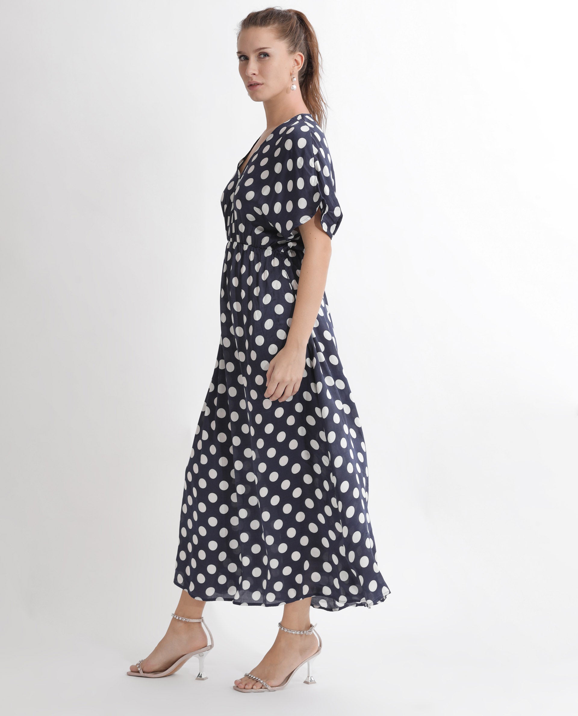 Rareism Women Wicked Blue Modal Satin Fabric Short Sleeves V-Neck Extended Sleeve Regular Fit Polka Maxi A-Line Dress