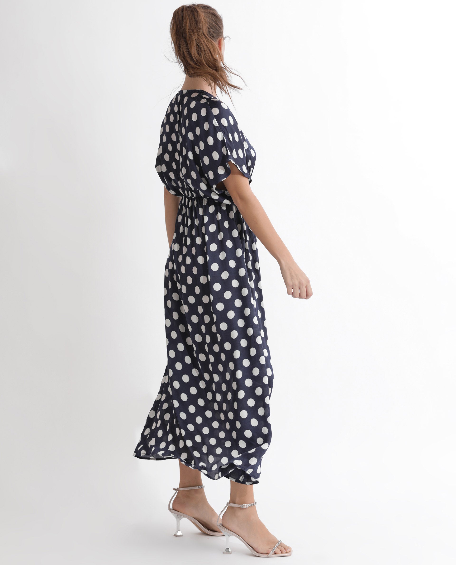 Rareism Women Wicked Blue Modal Satin Fabric Short Sleeves V-Neck Extended Sleeve Regular Fit Polka Maxi A-Line Dress