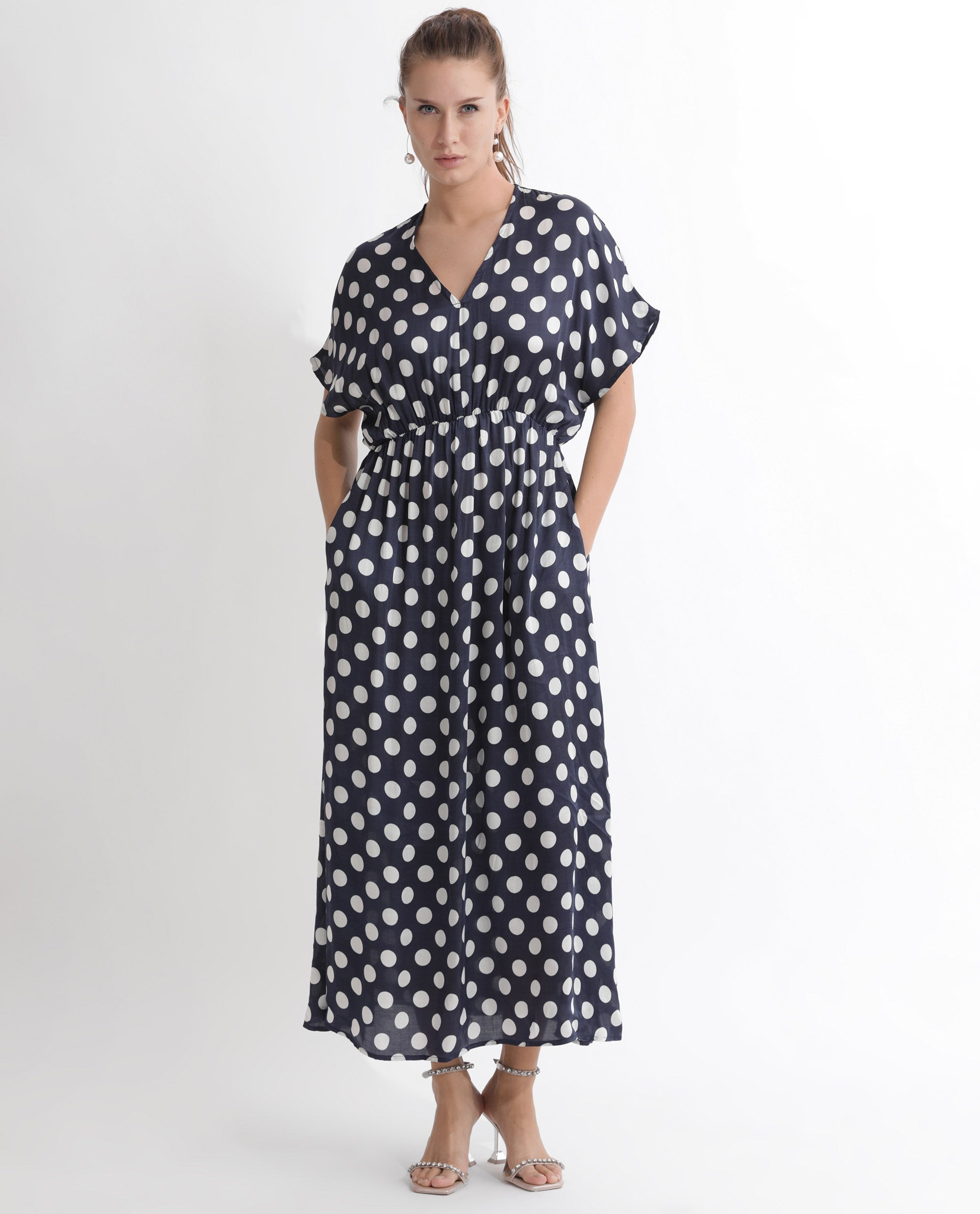 Rareism Women Wicked Blue Modal Satin Fabric Short Sleeves V-Neck Extended Sleeve Regular Fit Polka Maxi A-Line Dress