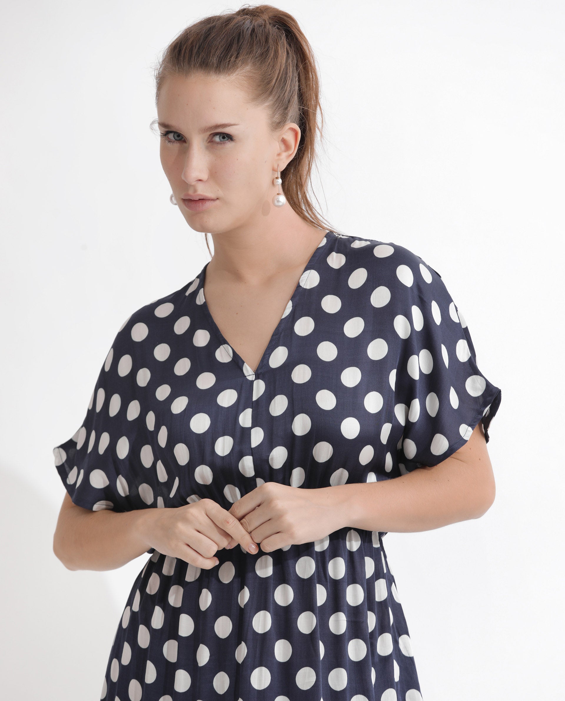 Rareism Women Wicked Blue Modal Satin Fabric Short Sleeves V-Neck Extended Sleeve Regular Fit Polka Maxi A-Line Dress