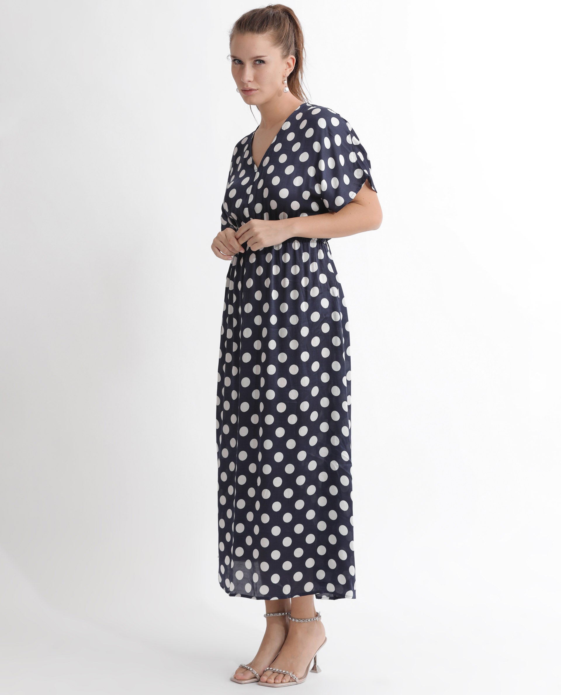 Rareism Women Wicked Blue Modal Satin Fabric Short Sleeves V-Neck Extended Sleeve Regular Fit Polka Maxi A-Line Dress
