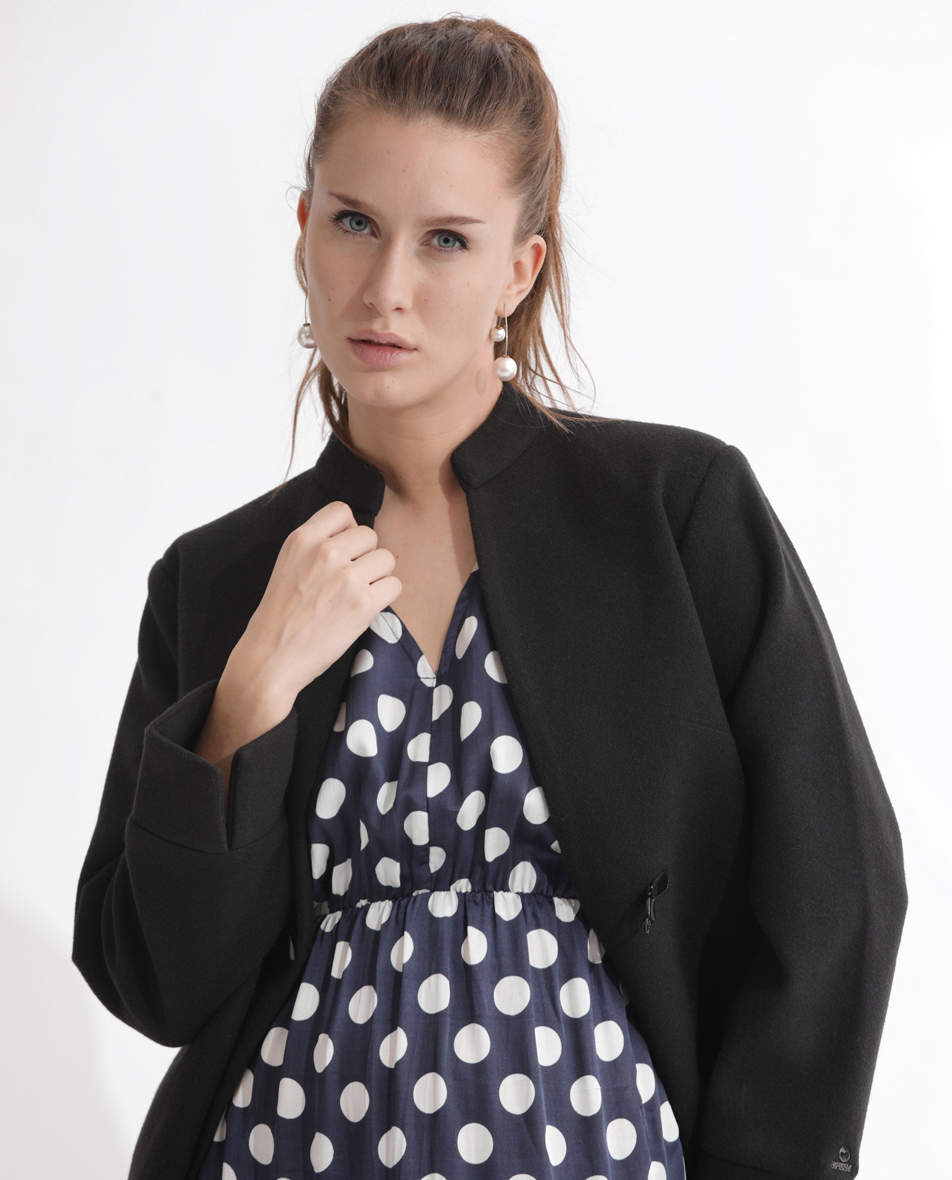 Rareism Women Wicked Blue Modal Satin Fabric Short Sleeves V-Neck Extended Sleeve Regular Fit Polka Maxi A-Line Dress