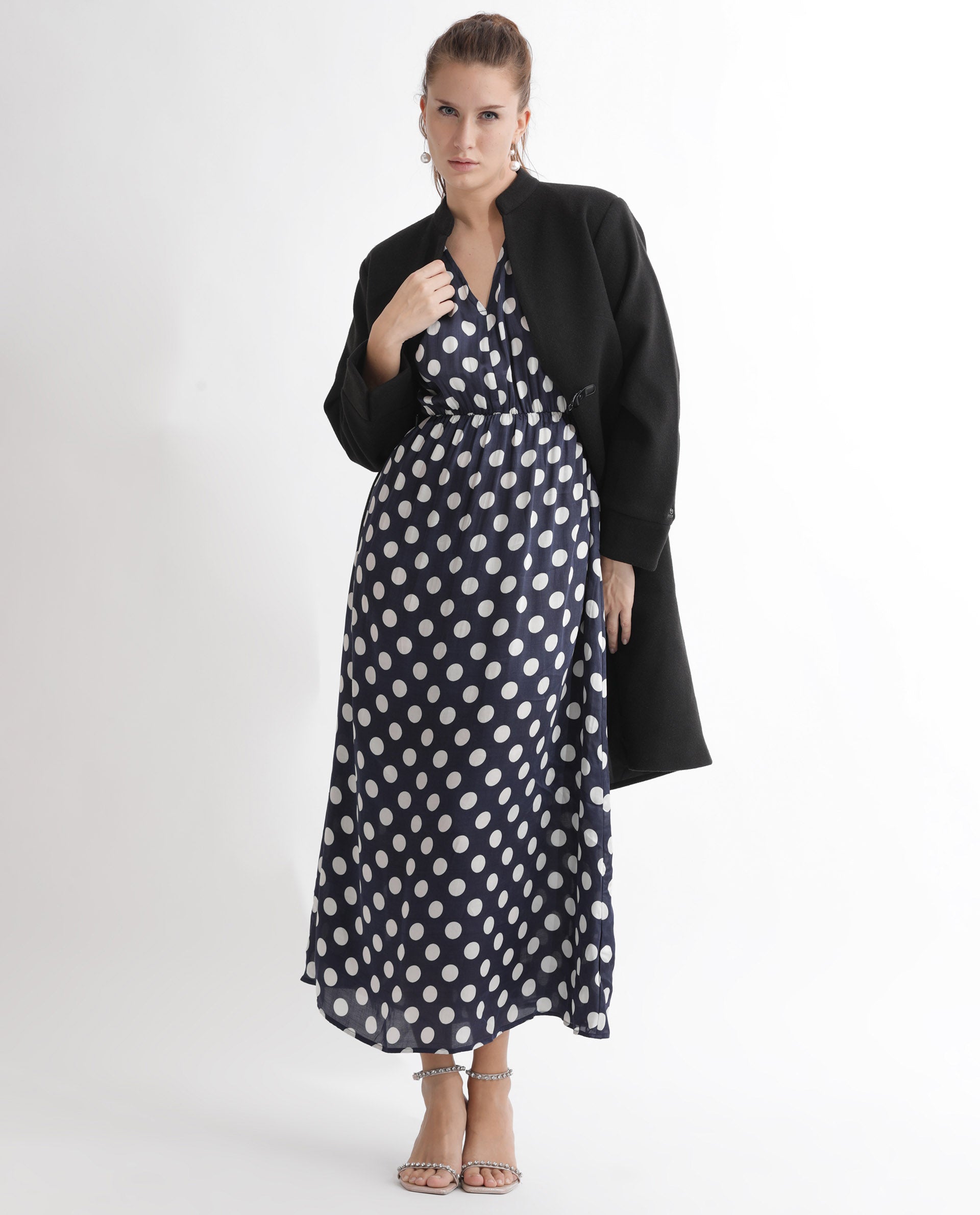 Rareism Women Wicked Blue Modal Satin Fabric Short Sleeves V-Neck Extended Sleeve Regular Fit Polka Maxi A-Line Dress