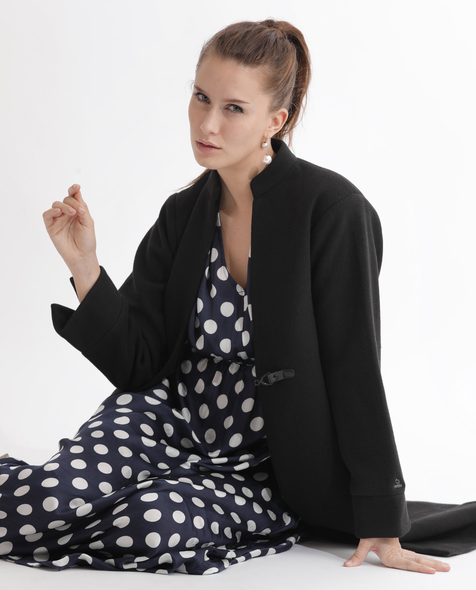 Rareism Women Wicked Blue Modal Satin Fabric Short Sleeves V-Neck Extended Sleeve Regular Fit Polka Maxi A-Line Dress