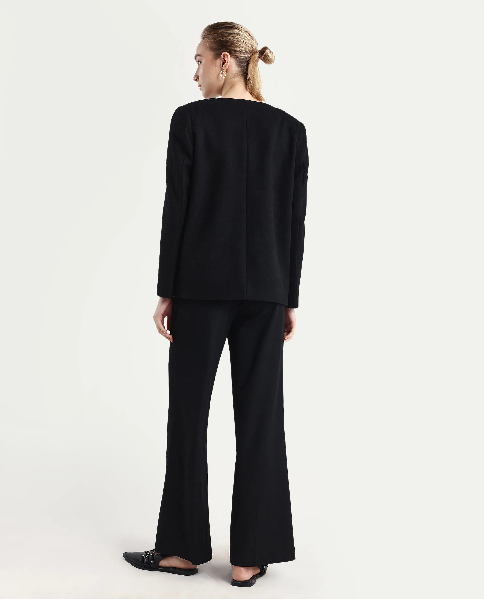 Rareism Women Wido Black Polyester Blend Button Closure Wide Leg Fit Plain Travel Trouser