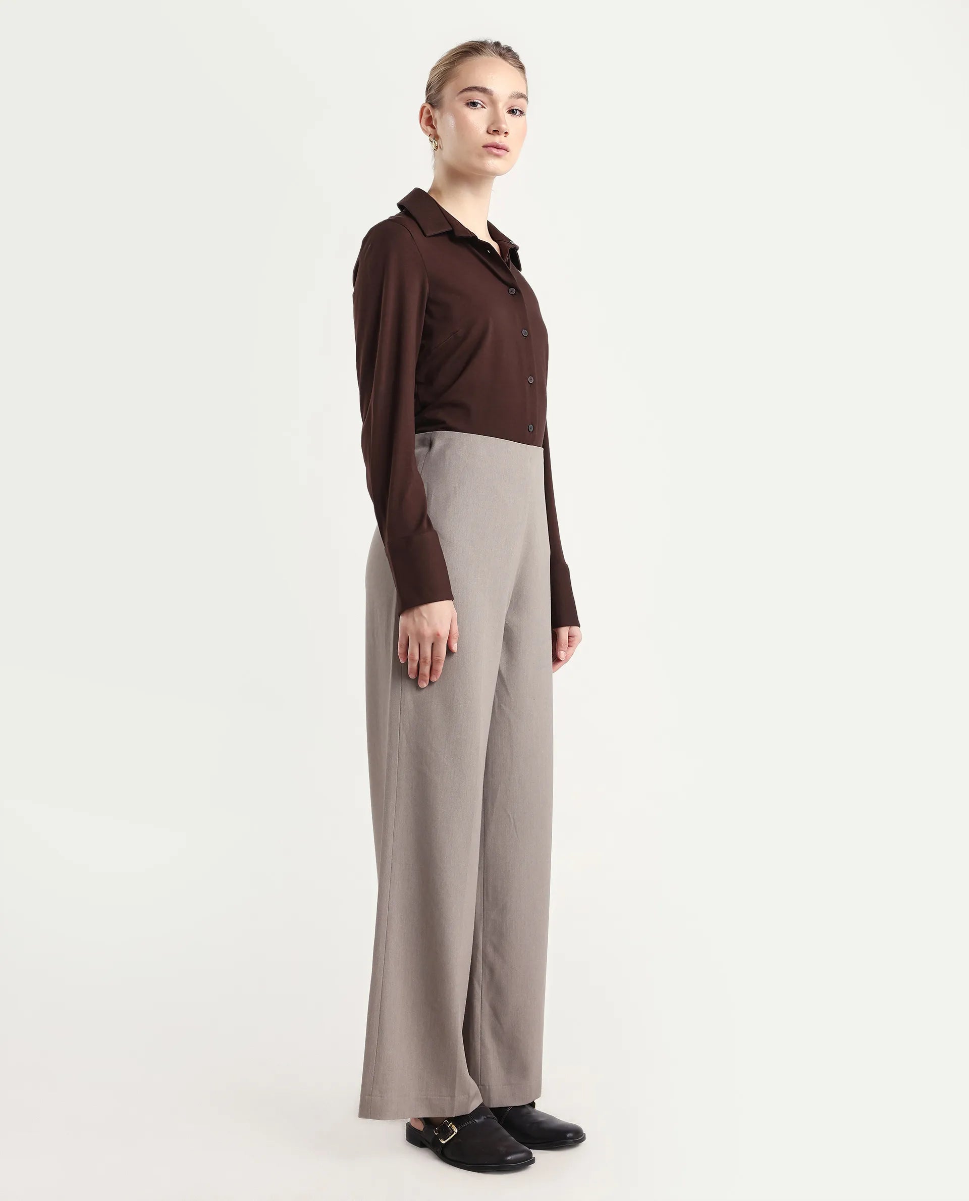 Rareism Women Wido Fawn Polyester Blend Fabric Button Closure Wide Leg Fit Plain Travel Trouser