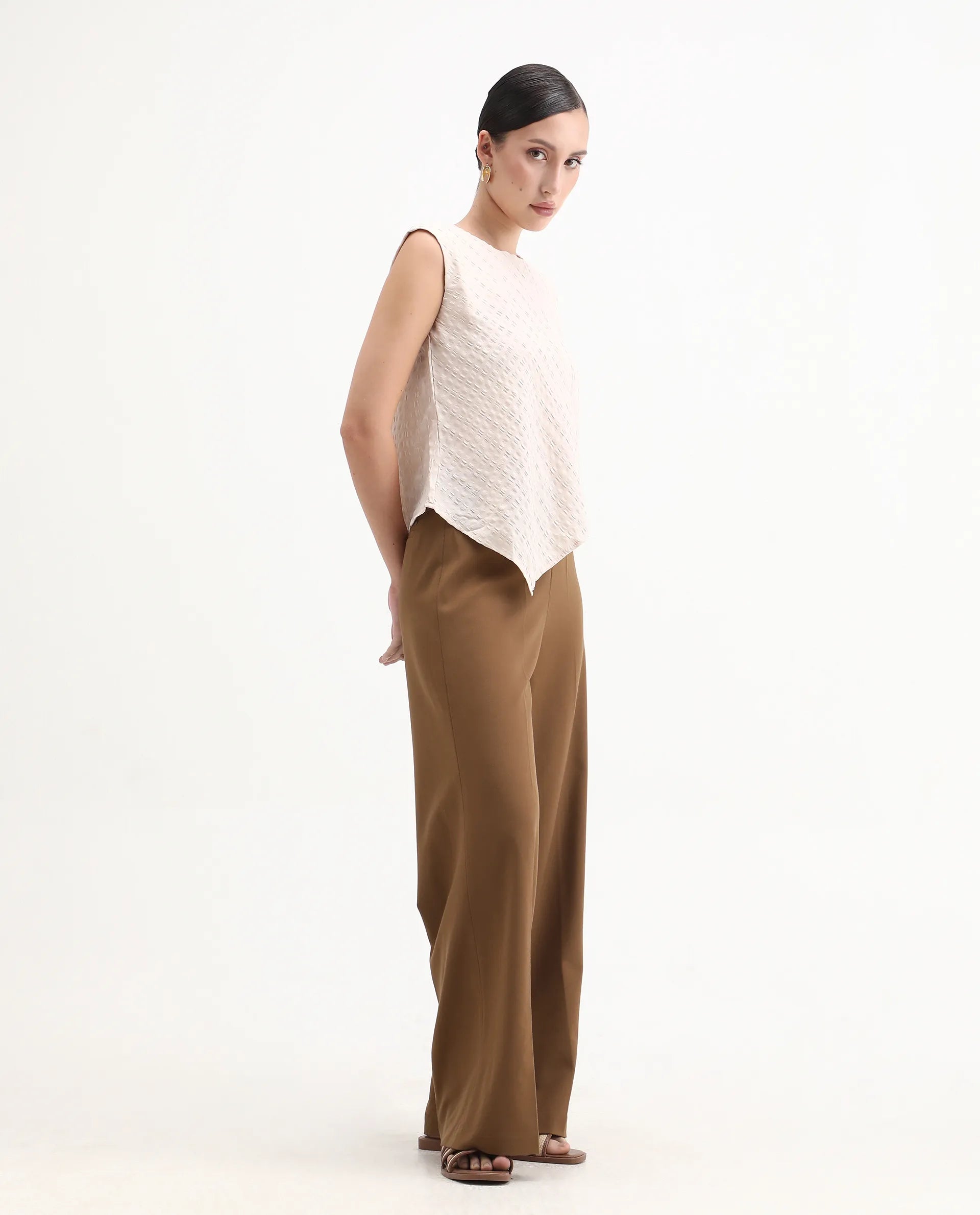 Rareism Women's Wido Light Brown Polyester Blend Wide Leg Plain Travel Trouser