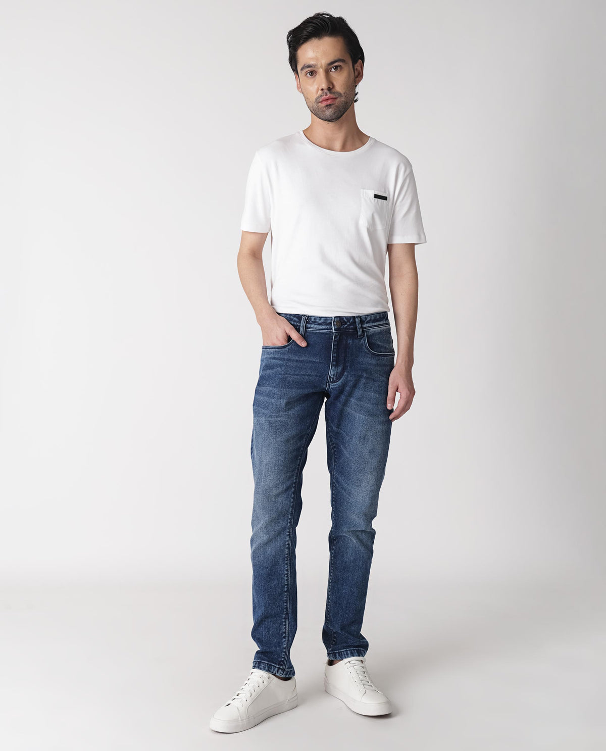 Rare Rabbit Men's Widz Dark Blue Mid Wash Mid-Rise Slim Fit Jeans