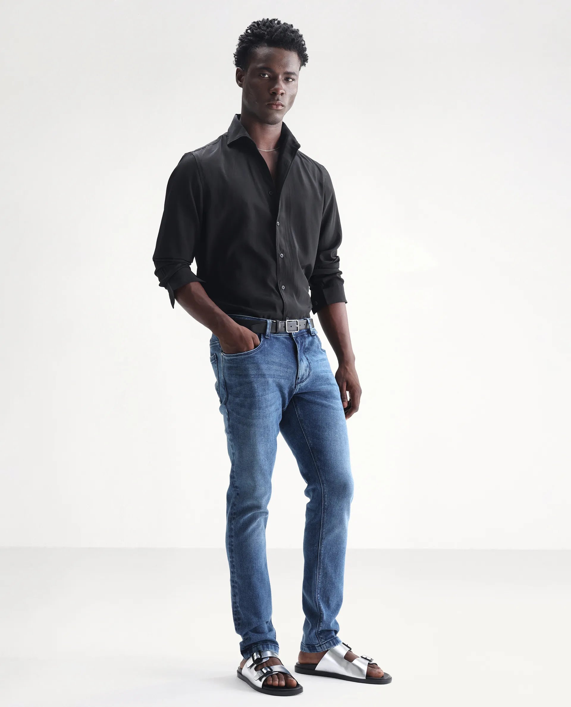 Rare Rabbit Men's Widz Blue Cotton Plain Hawk Slim Fit Jeans