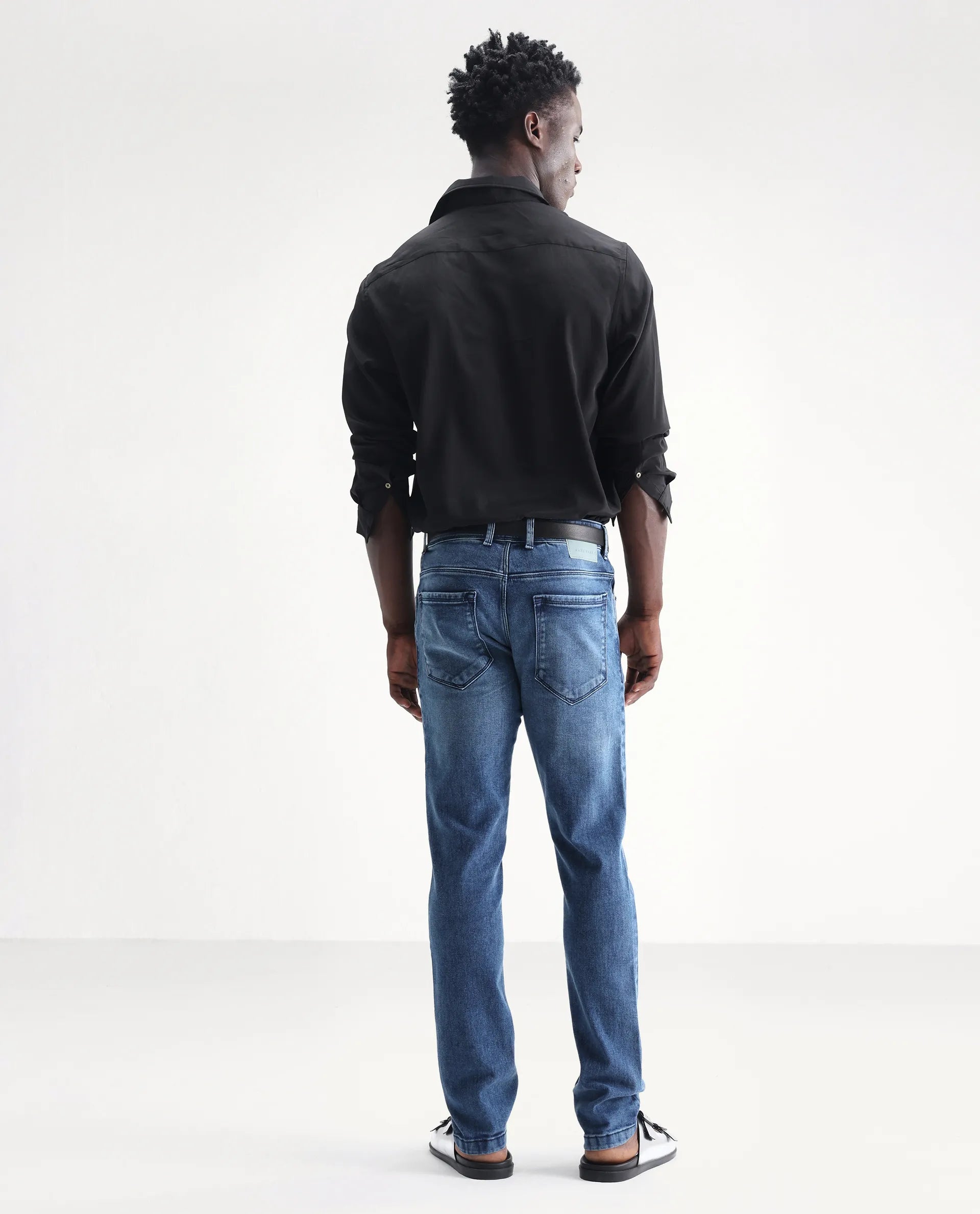 Rare Rabbit Men's Widz Blue Cotton Plain Hawk Slim Fit Jeans