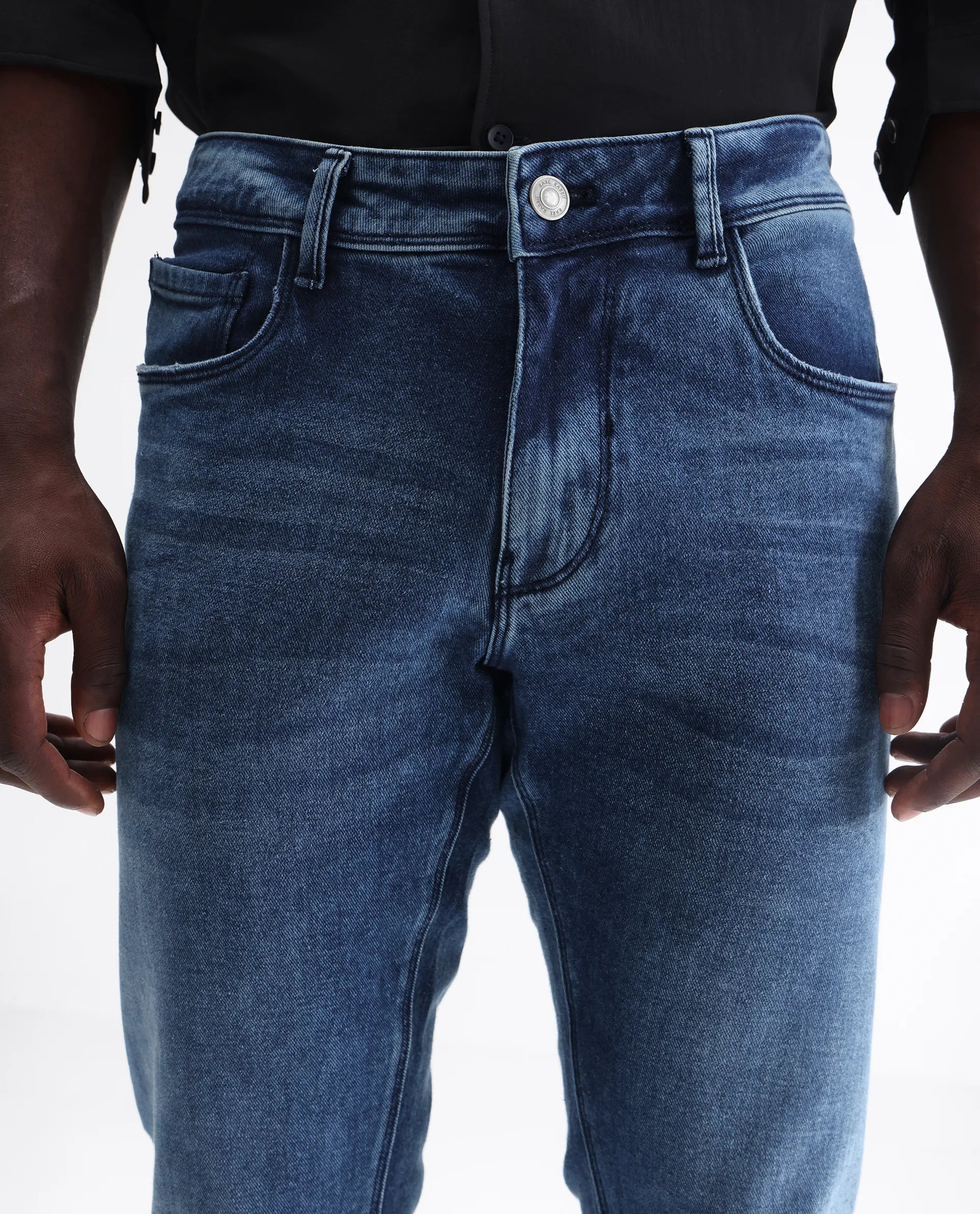 Rare Rabbit Men's Widz Blue Cotton Plain Hawk Slim Fit Jeans