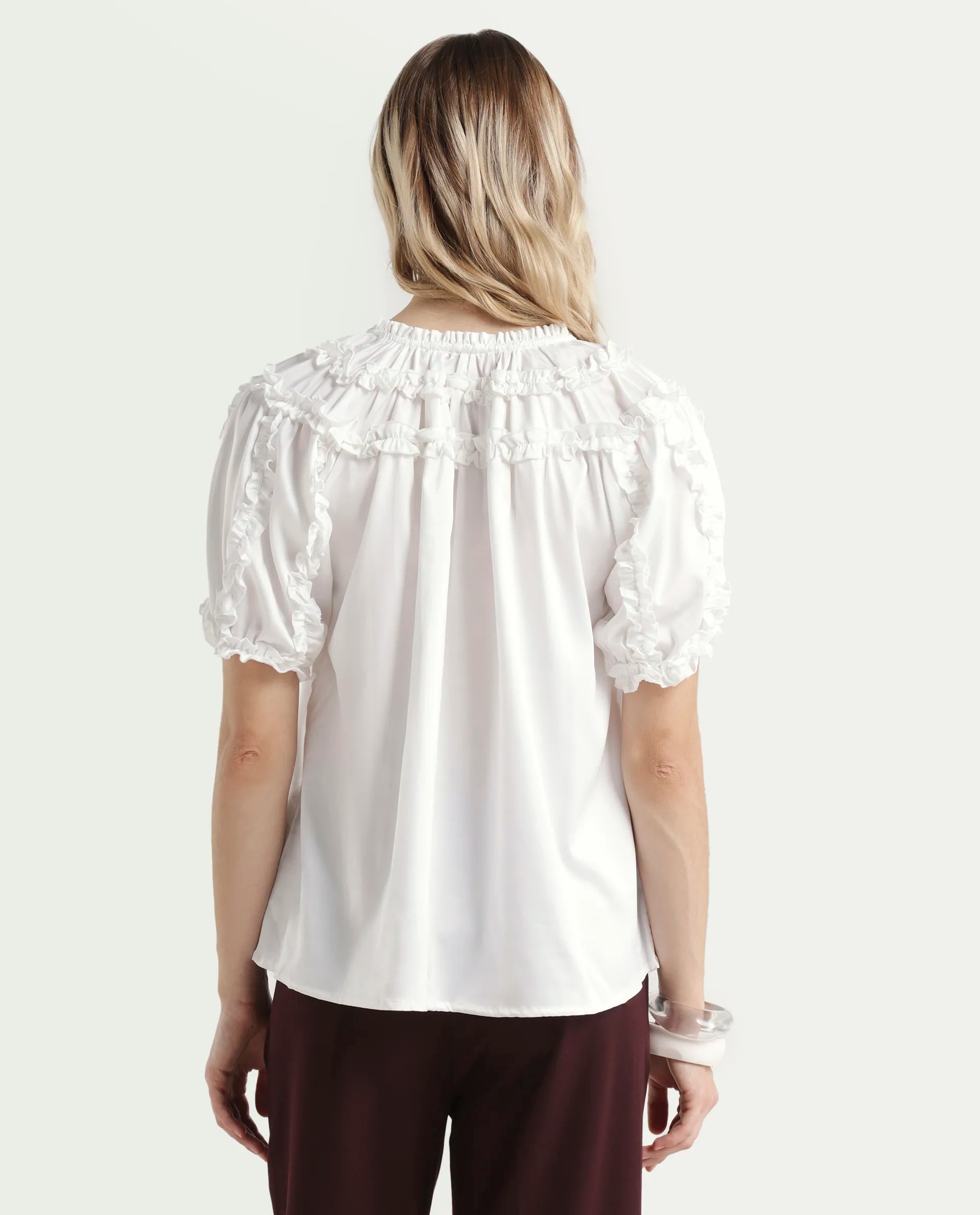 Rareism Women's William White Polyester Tie-Up Neck Plain Puff Sleeves Regular Fit Top