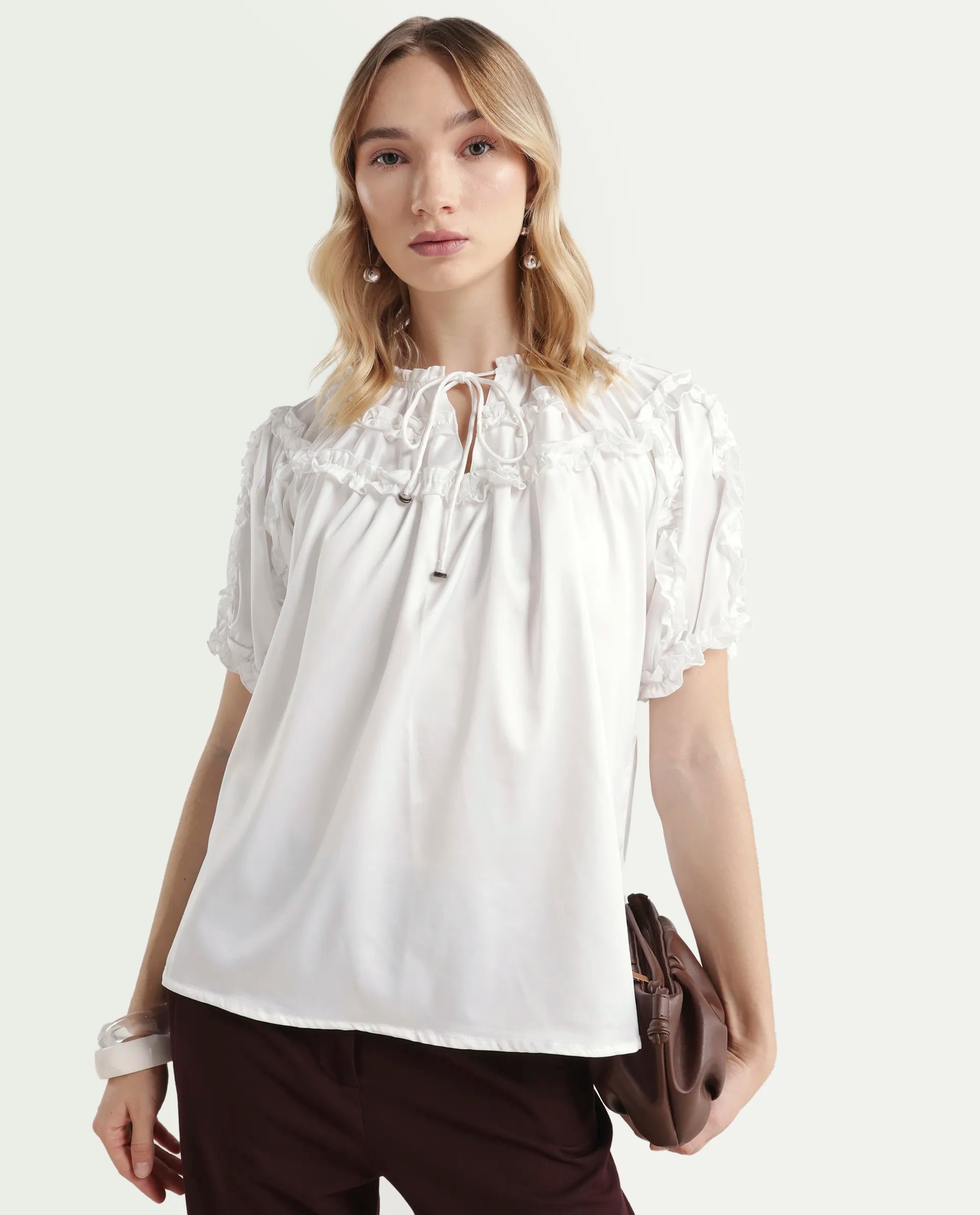 Rareism Women's William White Polyester Tie-Up Neck Plain Puff Sleeves Regular Fit Top