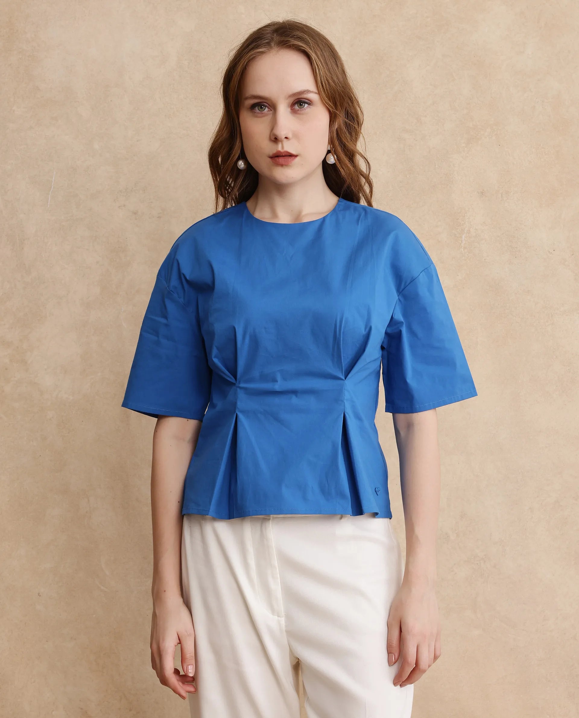 Rareism Women Wimf Blue Cotton Fabric Regular Sleeves Round Neck Button Closure Plain Top