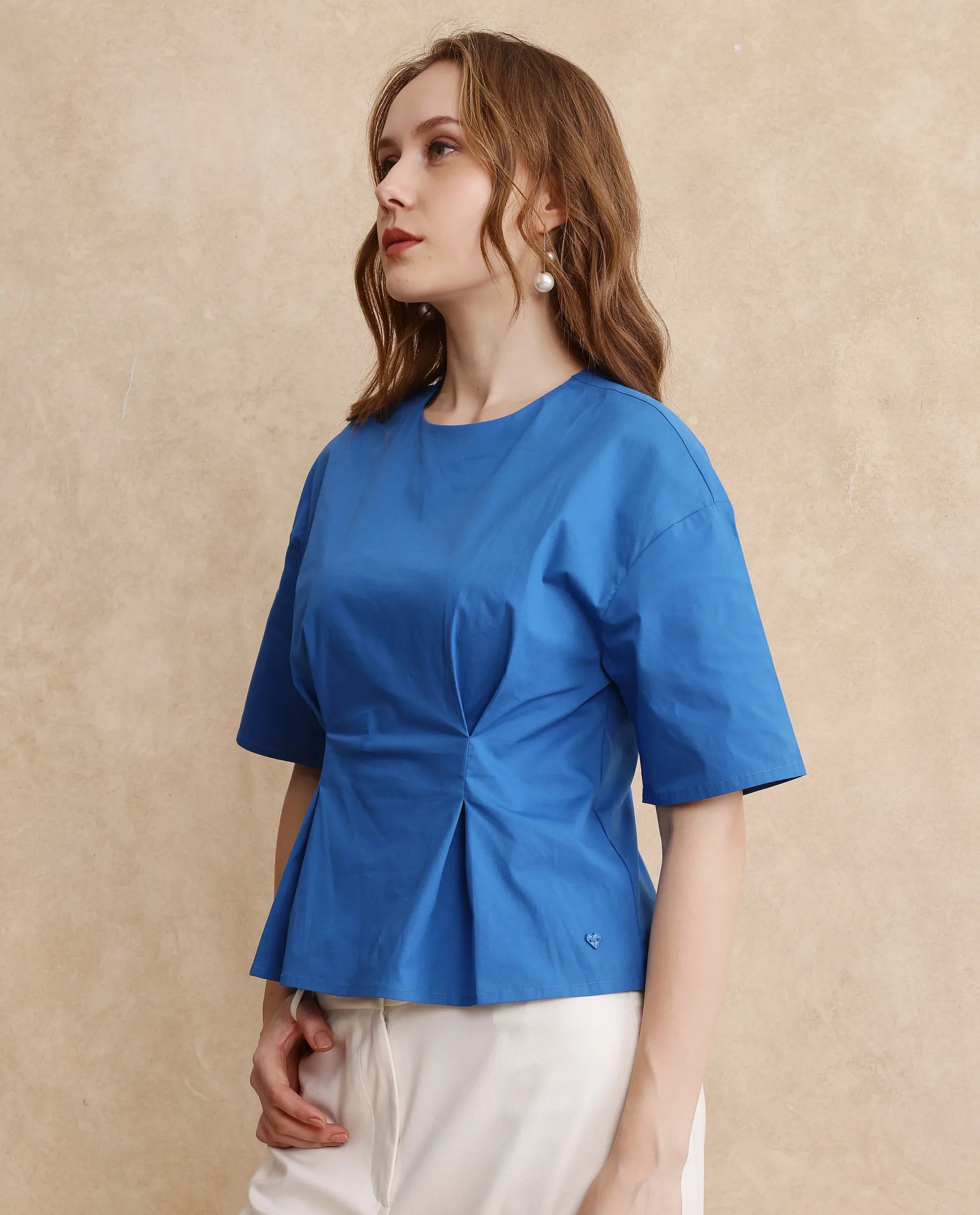 Rareism Women Wimf Blue Cotton Fabric Regular Sleeves Round Neck Button Closure Plain Top