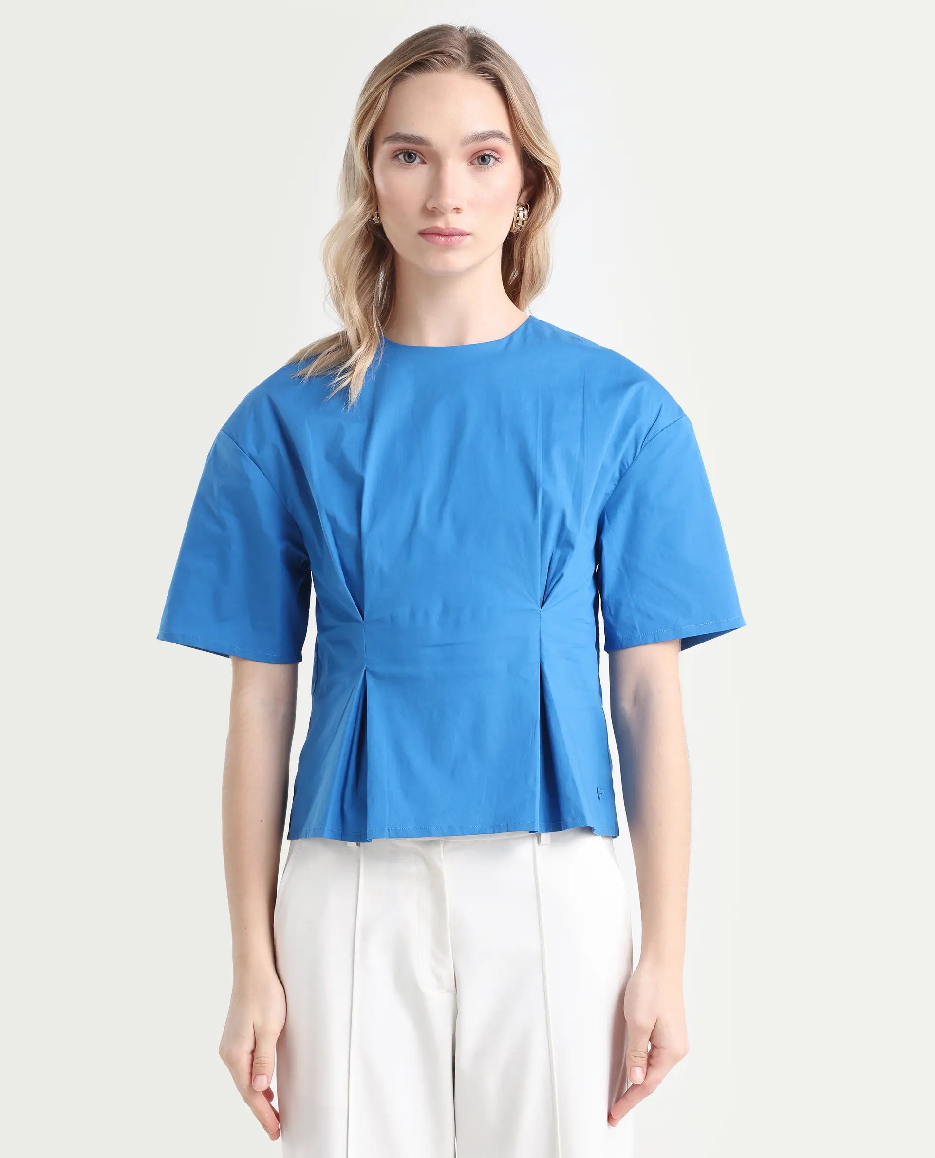 Rareism Women's Wimf Blue Cotton Blend Crew Neck Plain Regular Fit Top